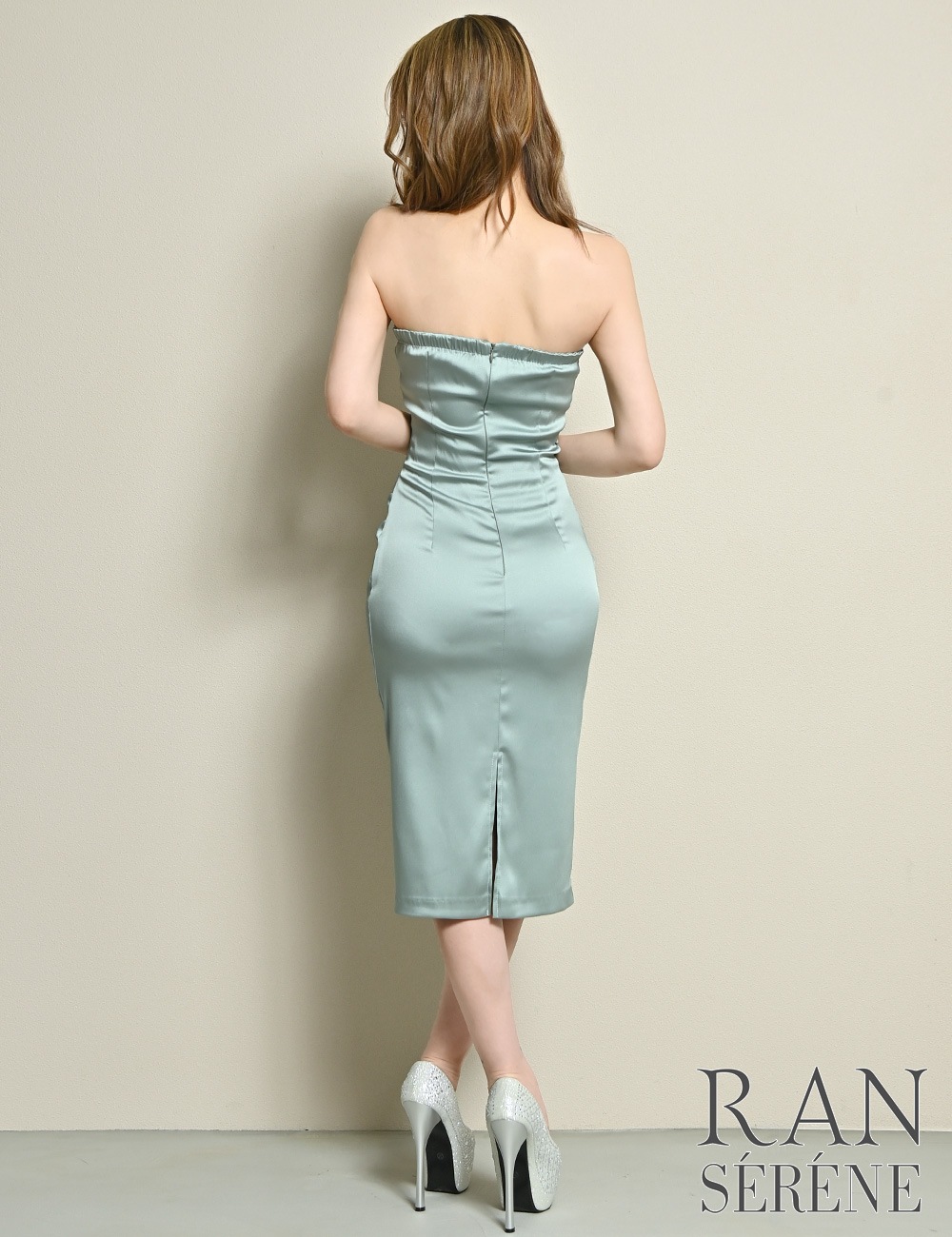 [Mのみ即納][instock]【RAN SERENE】丈長/ドレス/ワンピース/ミント/グリーン/ベア/タイト/サテン/ドレープ