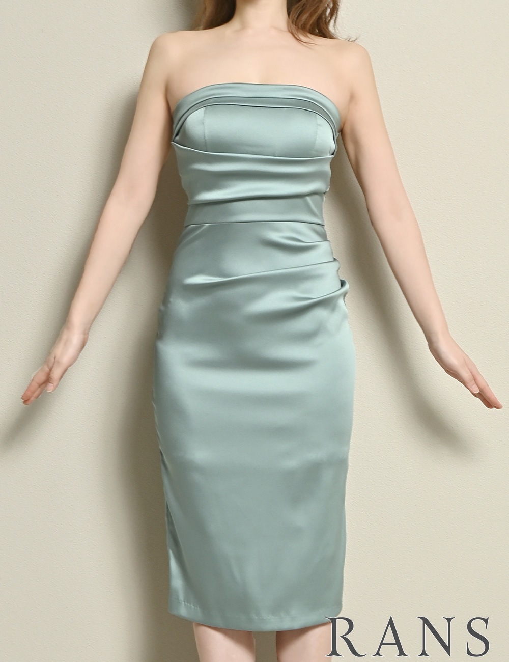 [即納][instock]【RANS】丈長/ドレス/ワンピース/ミント/グリーン/ベア/タイト/サテン/ドレープ
