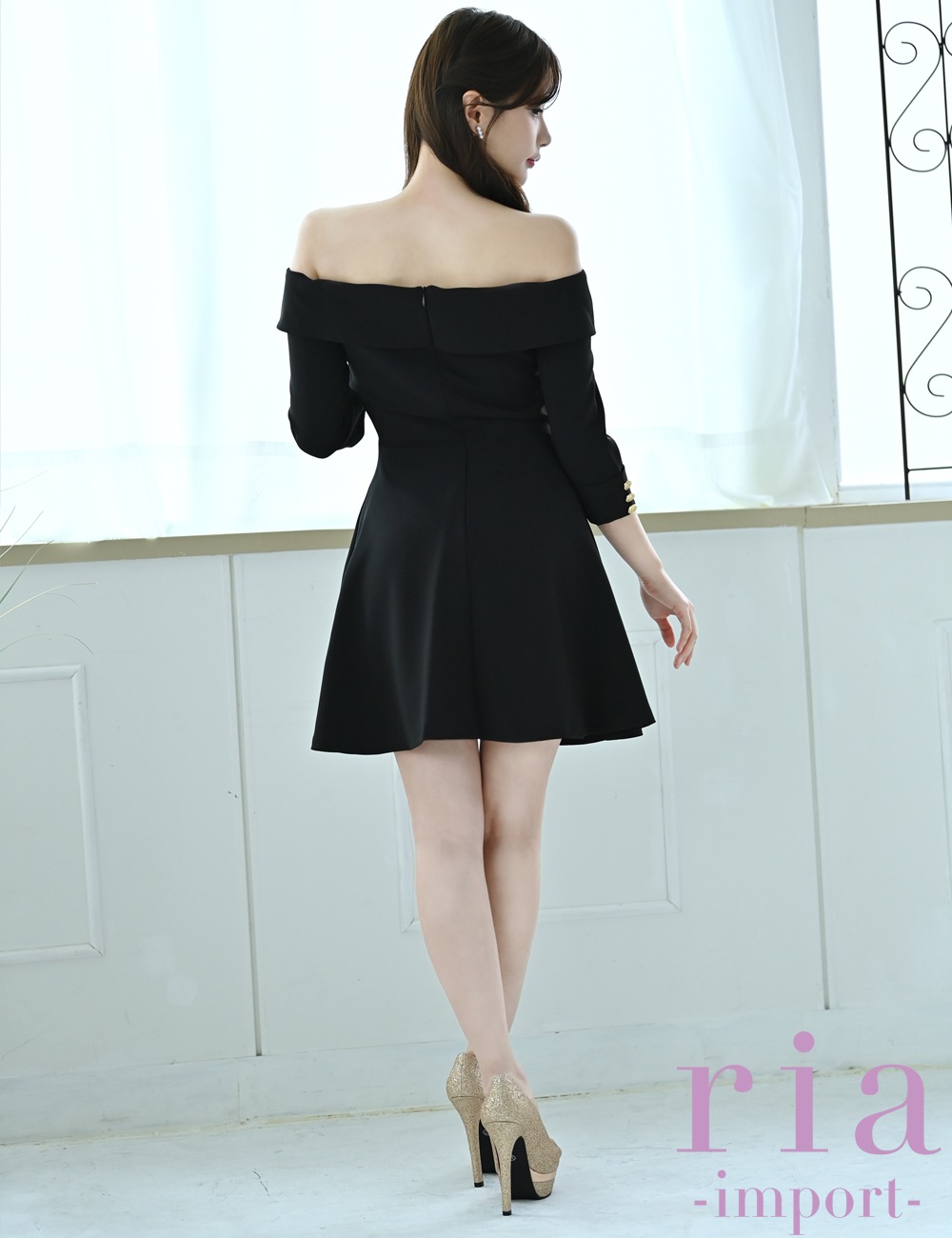 【ria】ミニ/ドレス/ワンピース/ブラック/袖あり/オフショル/フレア