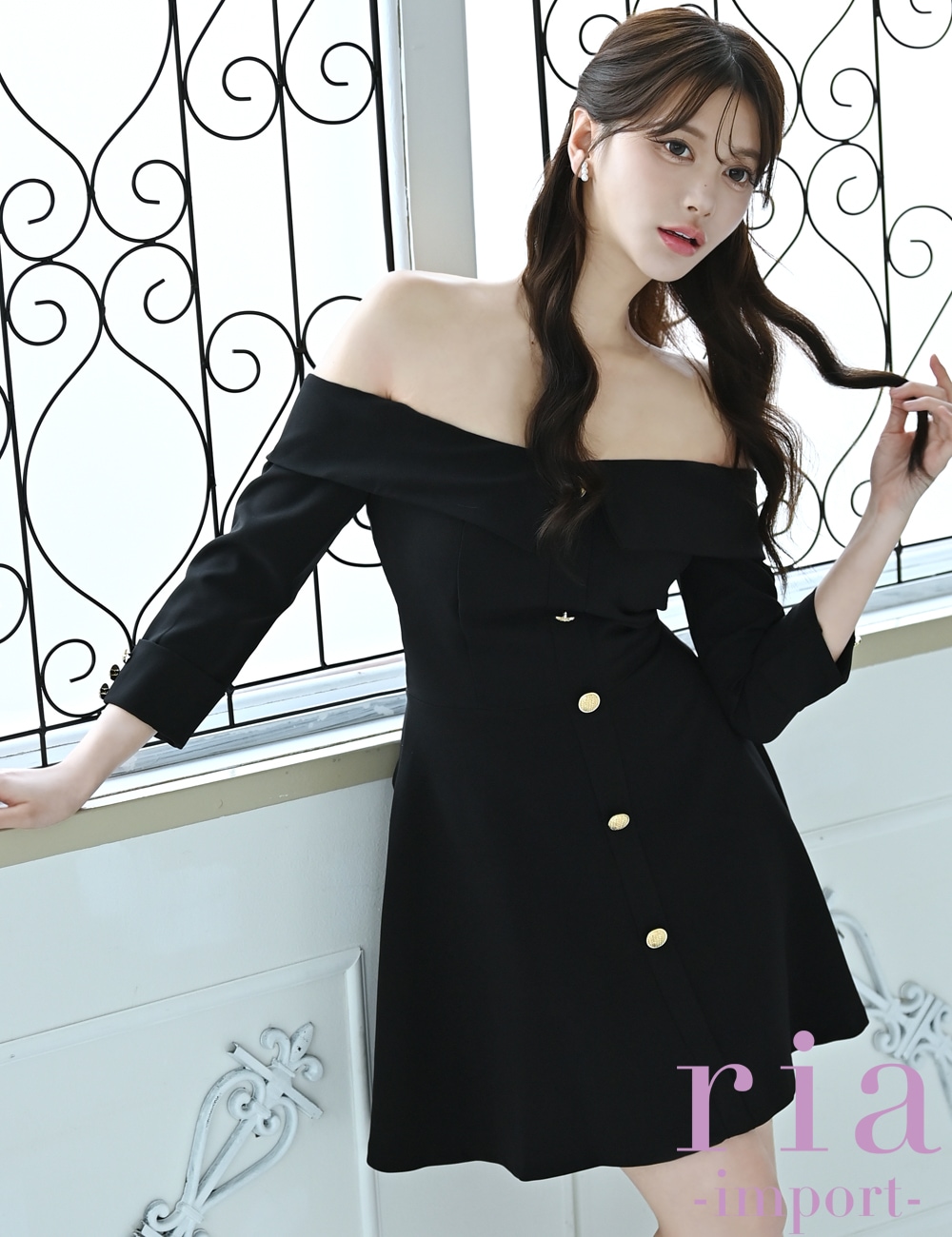 【ria】ミニ/ドレス/ワンピース/ブラック/袖あり/オフショル/フレア