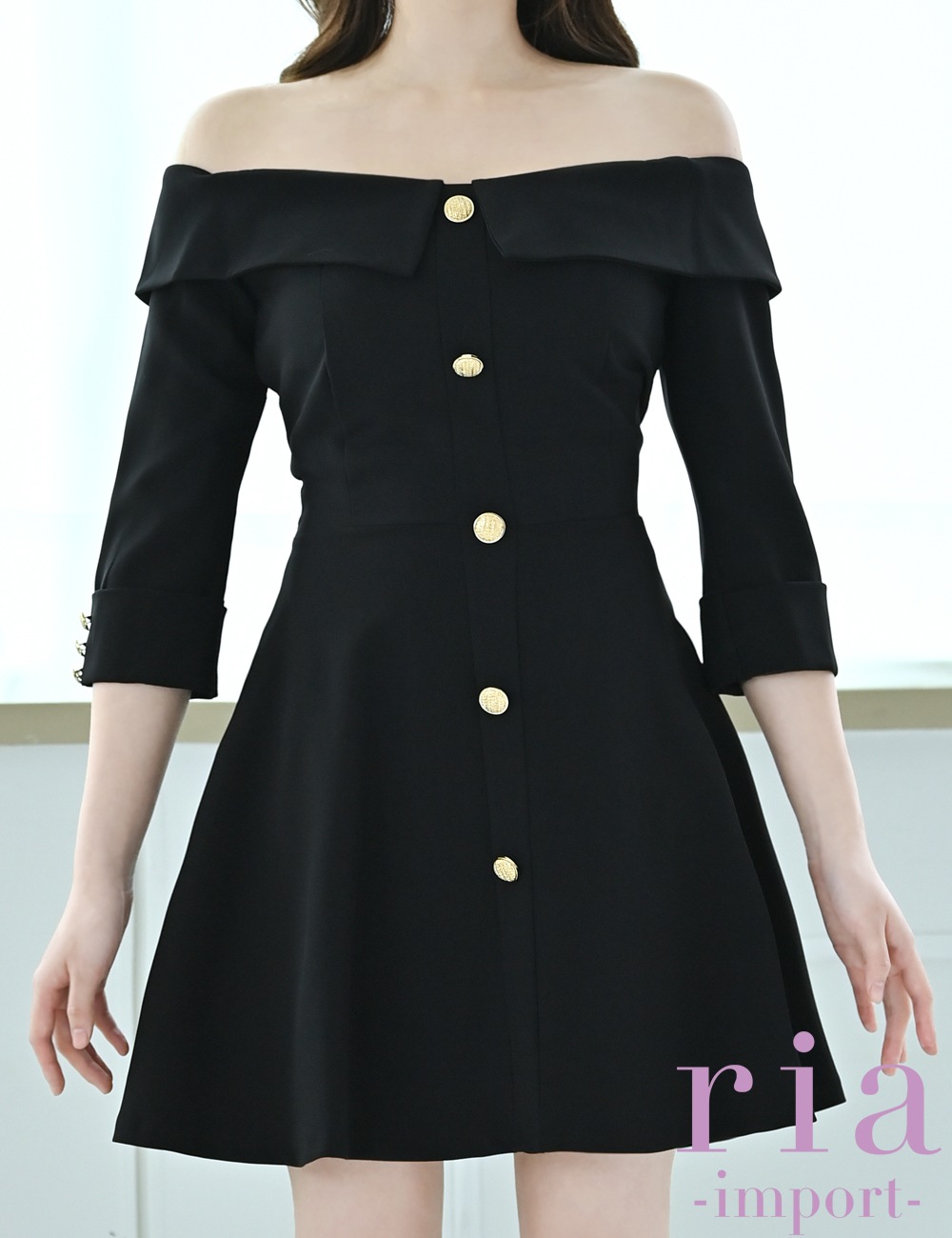 【ria】ミニ/ドレス/ワンピース/ブラック/袖あり/オフショル/フレア