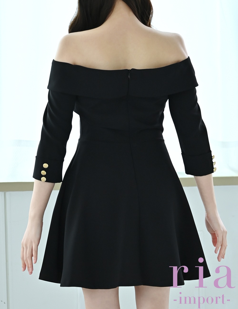 【ria】ミニ/ドレス/ワンピース/ブラック/袖あり/オフショル/フレア