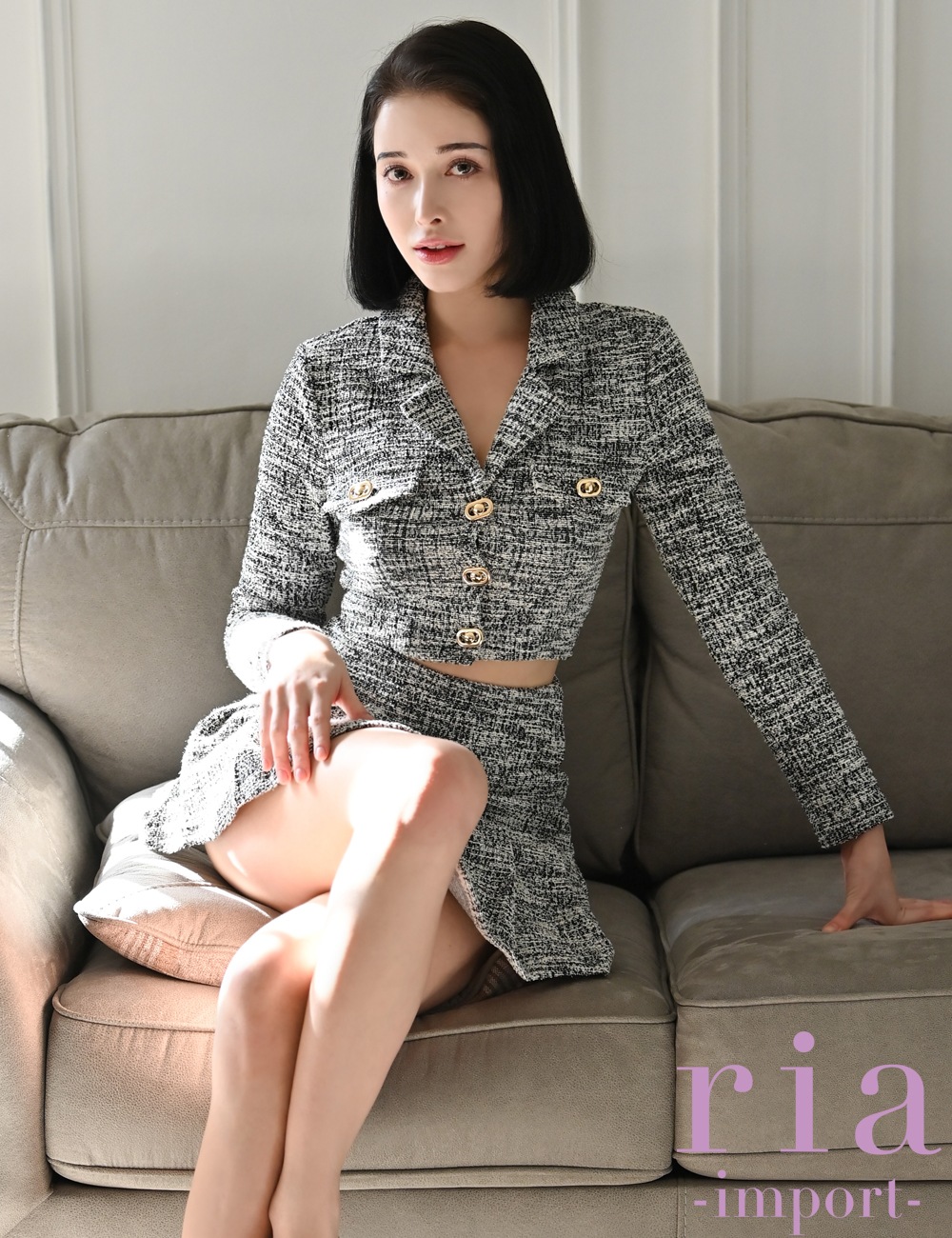 【ria】ミニ/ドレス/セットアップ/ブラック/長袖/ツイード/プリーツ/襟付き