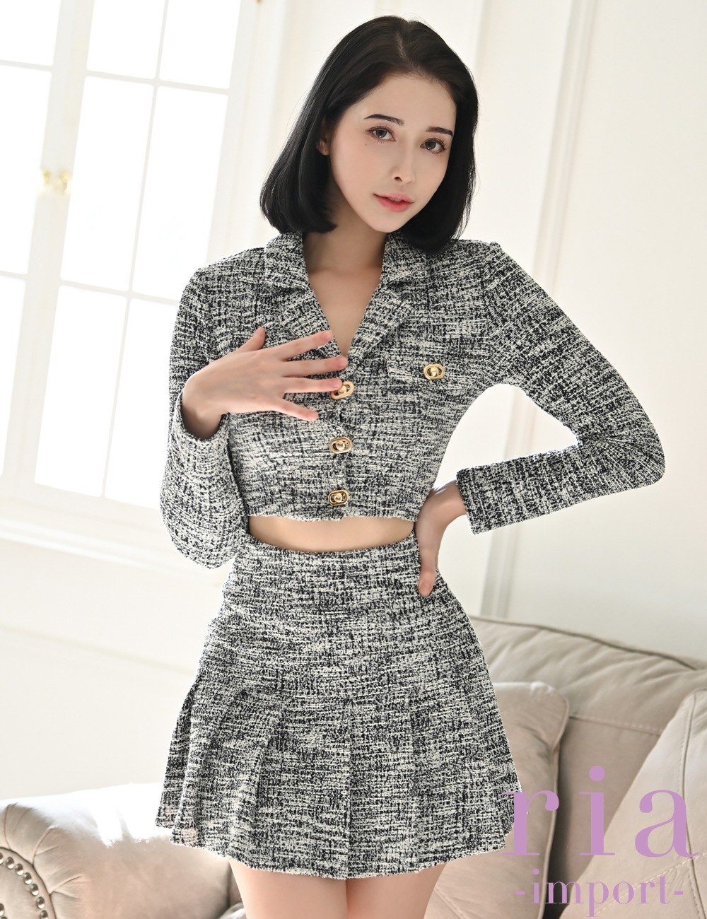 【ria】ミニ/ドレス/セットアップ/ブラック/長袖/ツイード/プリーツ/襟付き