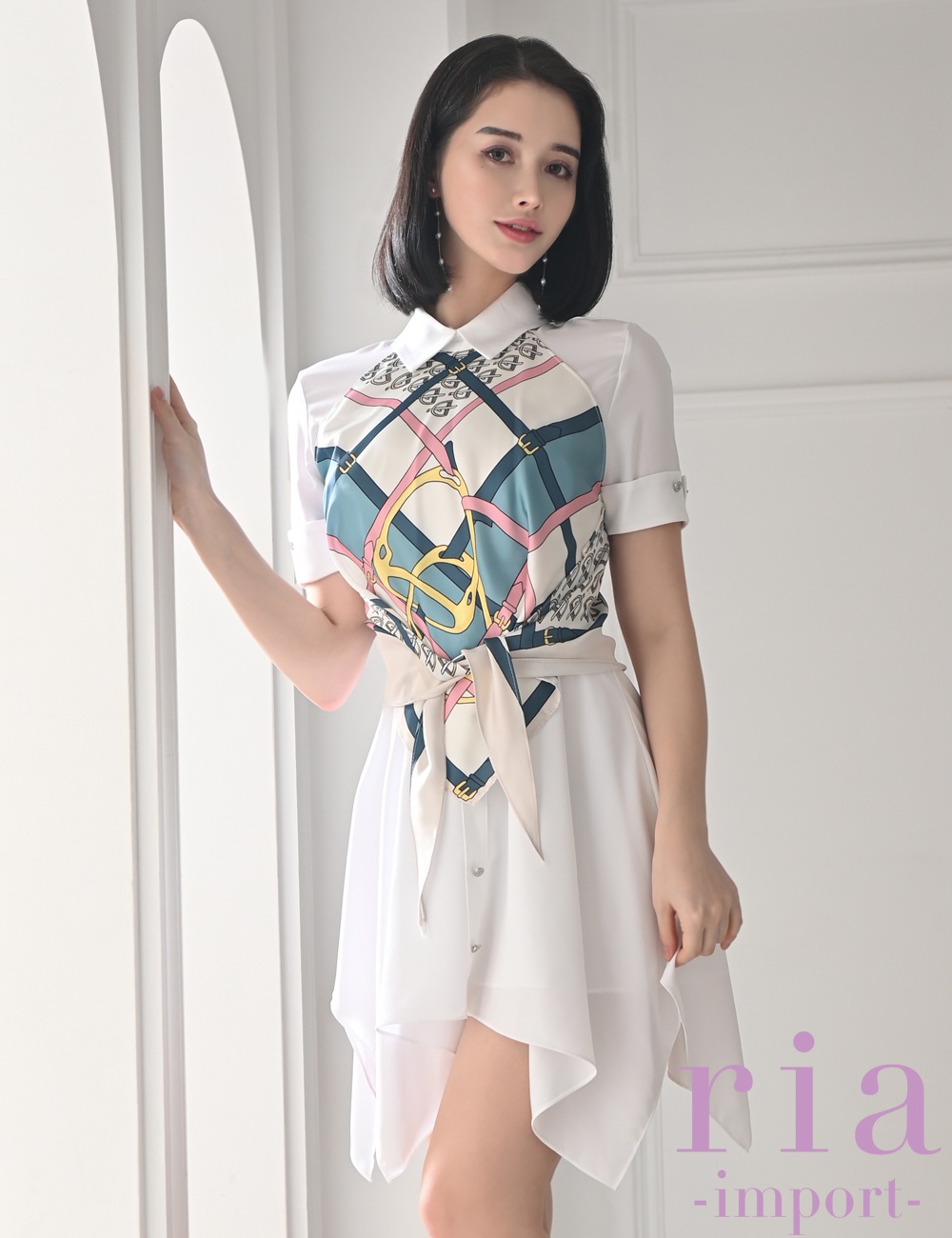 【ria】ミニ/ドレス/ワンピース/ホワイト/プリント/フレア/袖あり