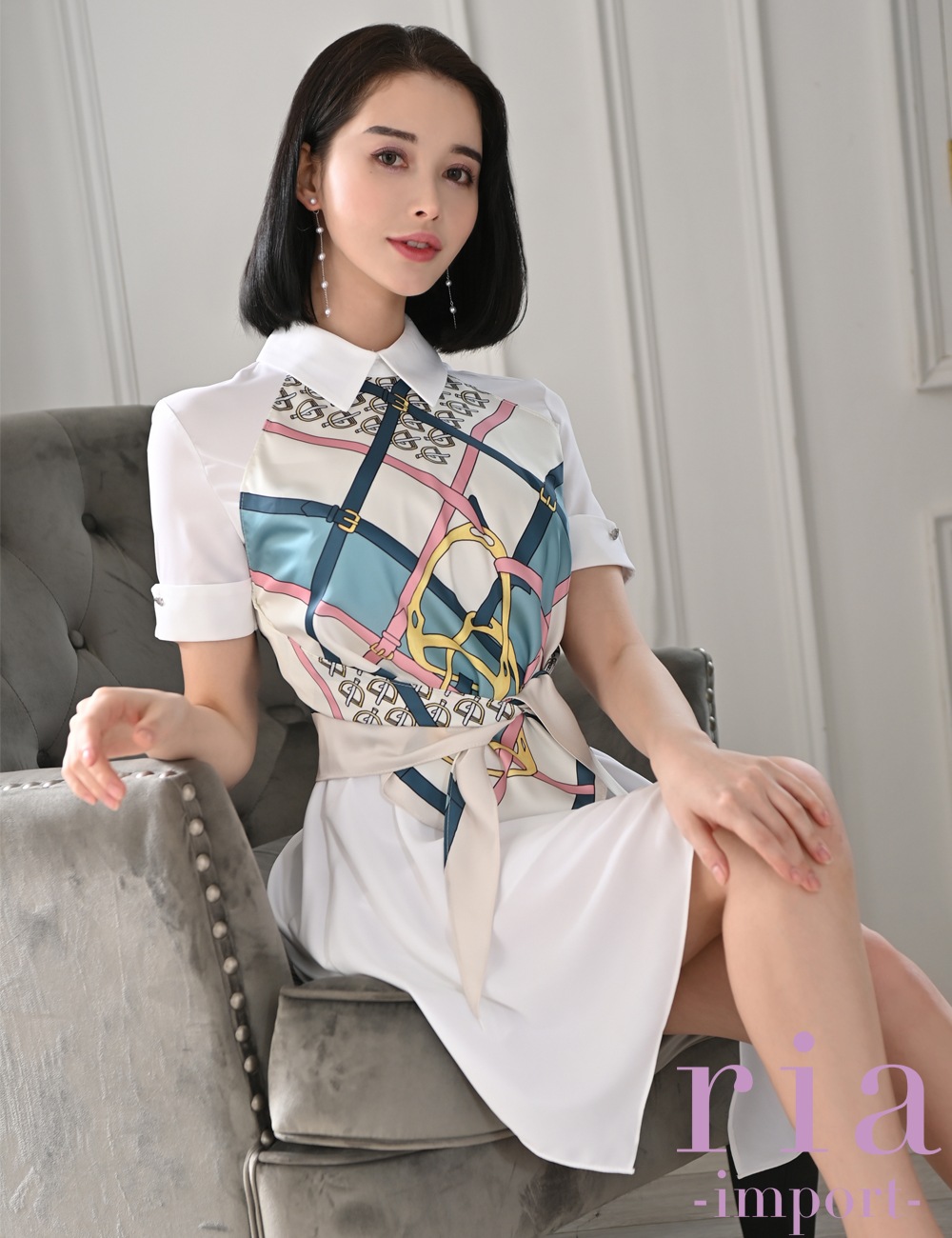 【ria】ミニ/ドレス/ワンピース/ホワイト/プリント/フレア/袖あり