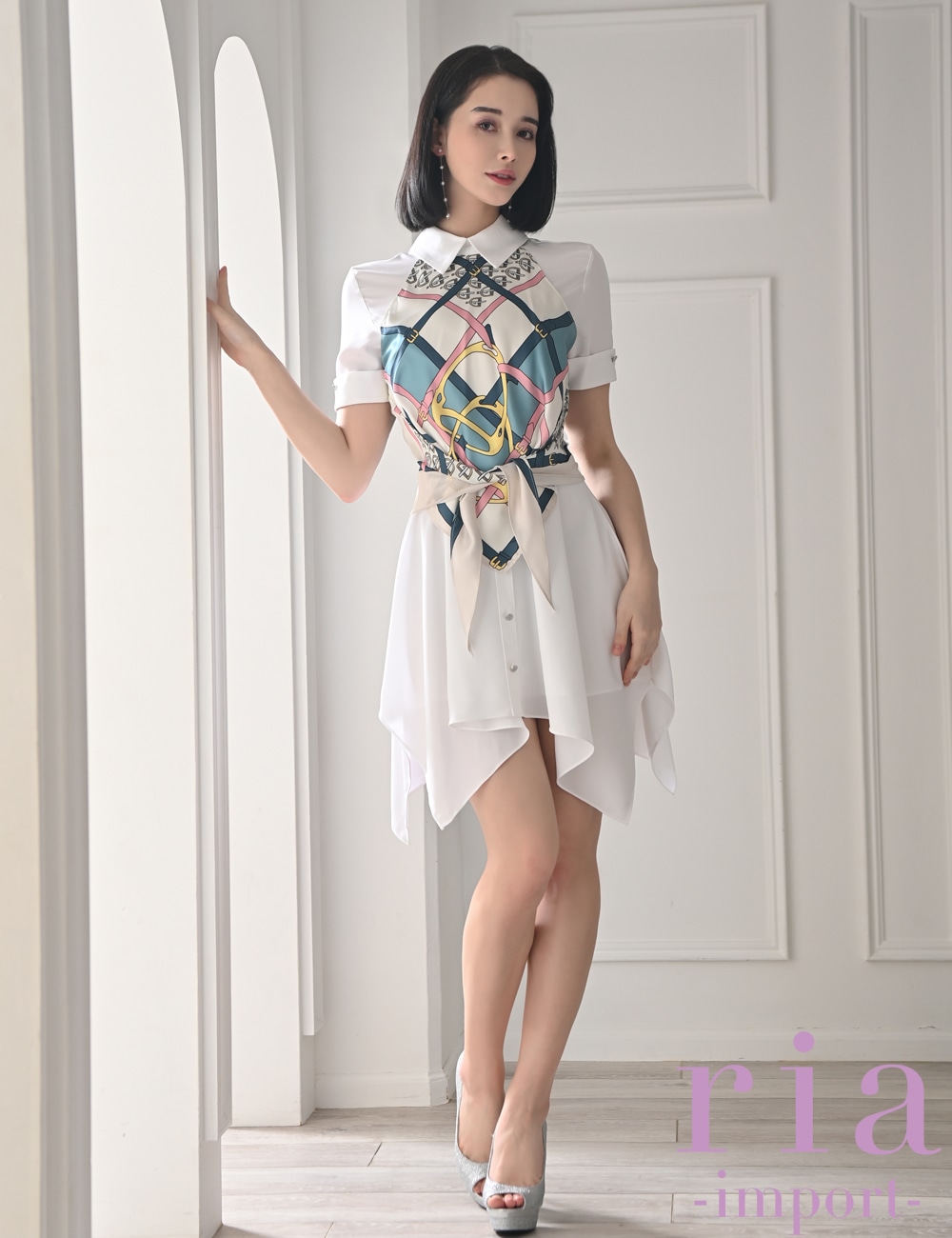 【ria】ミニ/ドレス/ワンピース/ホワイト/プリント/フレア/袖あり