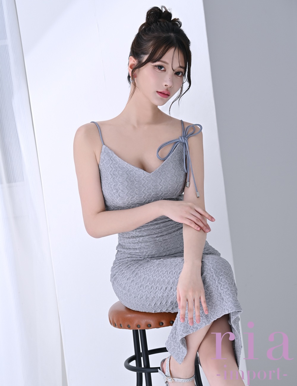 【ria】丈長/ドレス/ワンピース/キャミ/タイト/ジャガード/ブルーグレー/リボン