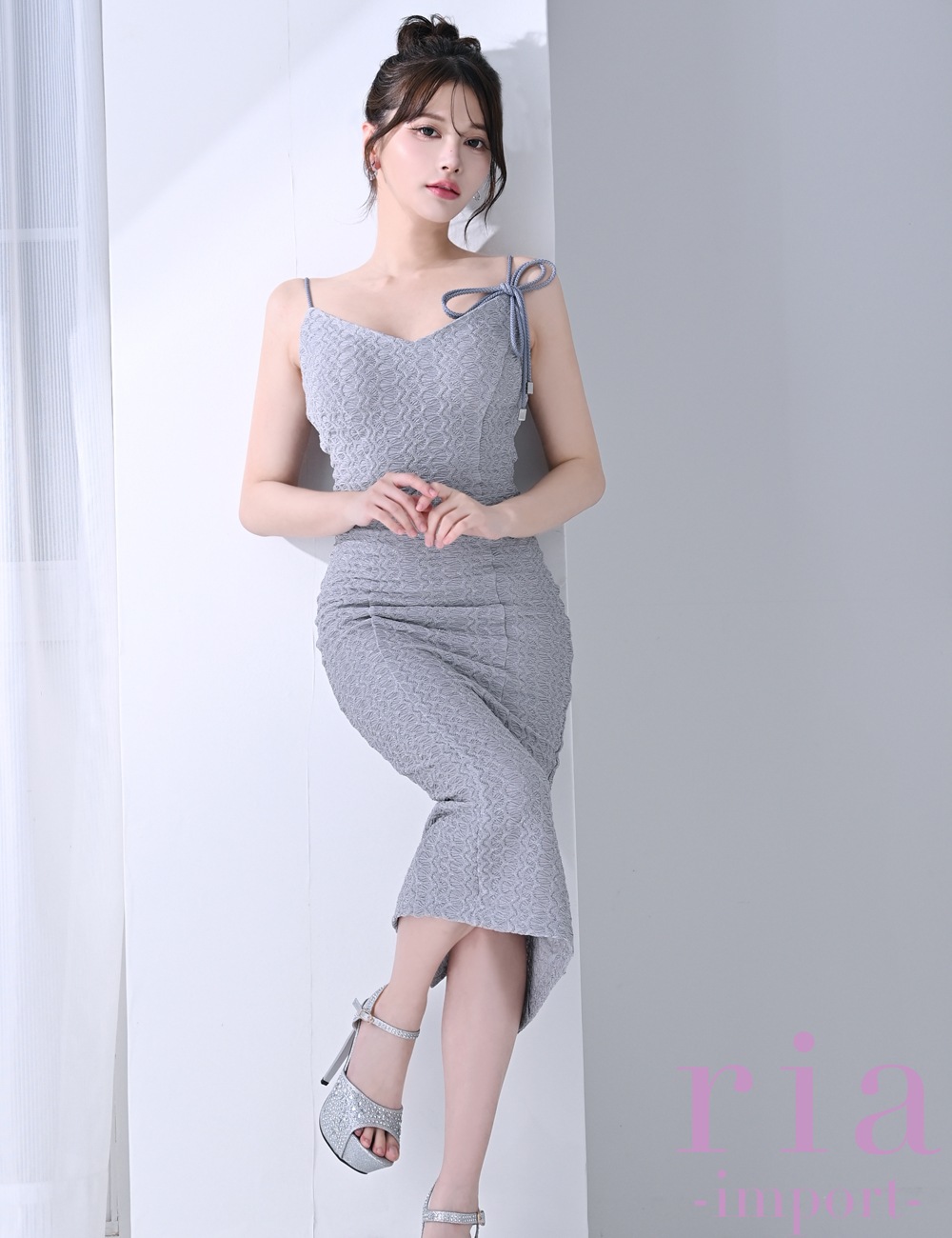 【ria】丈長/ドレス/ワンピース/キャミ/タイト/ジャガード/ブルーグレー/リボン