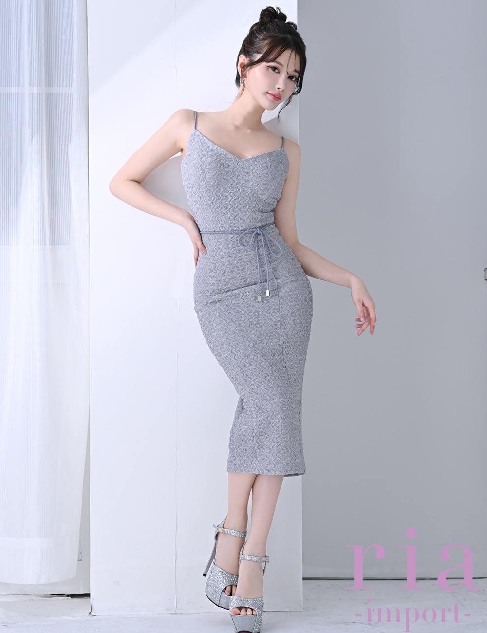 【ria】丈長/ドレス/ワンピース/キャミ/タイト/ジャガード/ブルーグレー/リボン