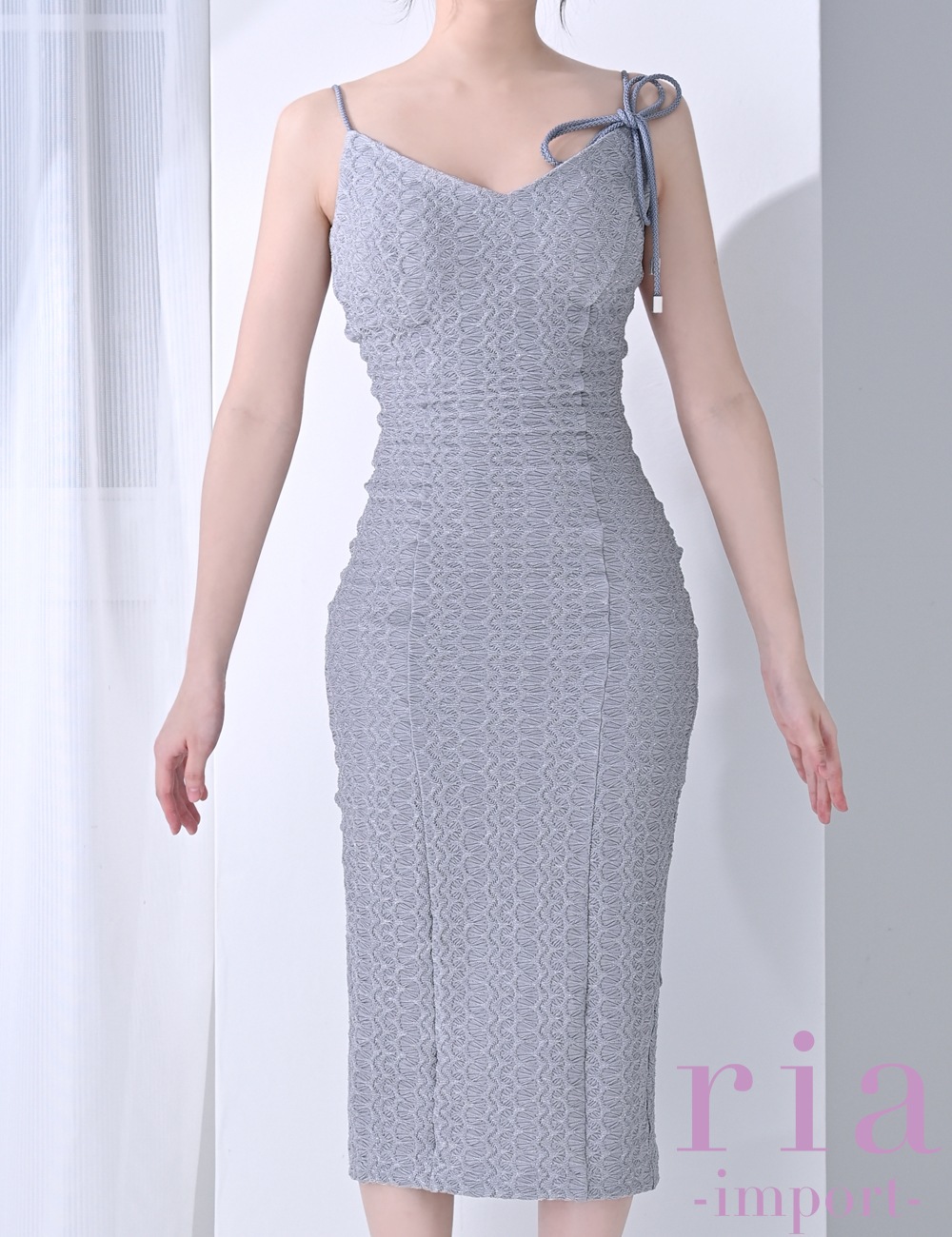【ria】丈長/ドレス/ワンピース/キャミ/タイト/ジャガード/ブルーグレー/リボン