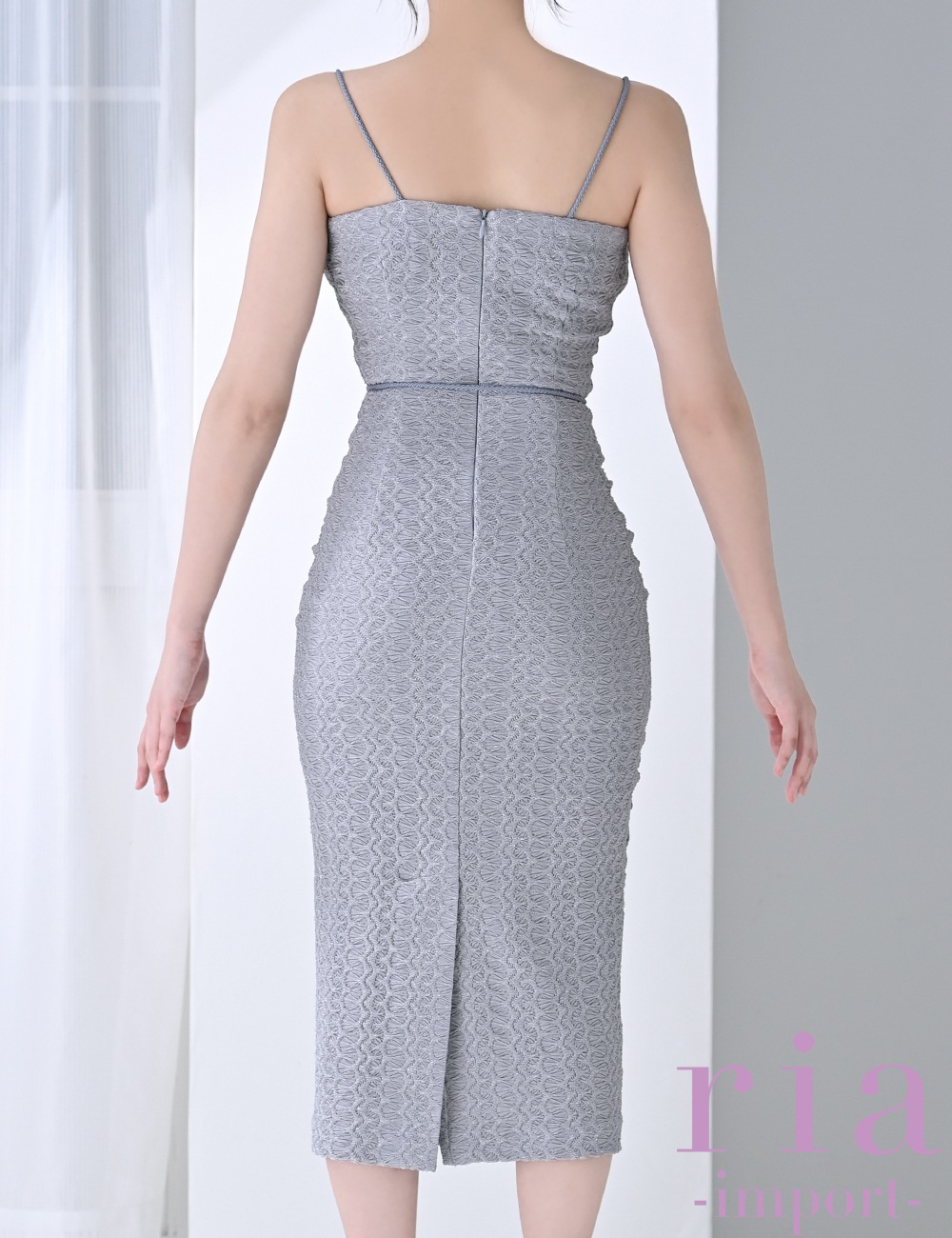 【ria】丈長/ドレス/ワンピース/キャミ/タイト/ジャガード/ブルーグレー/リボン