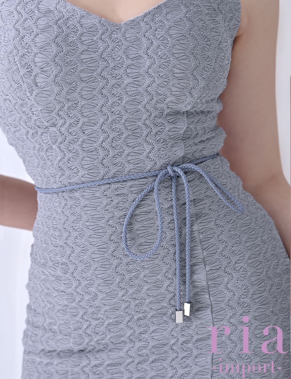 【ria】丈長/ドレス/ワンピース/キャミ/タイト/ジャガード/ブルーグレー/リボン