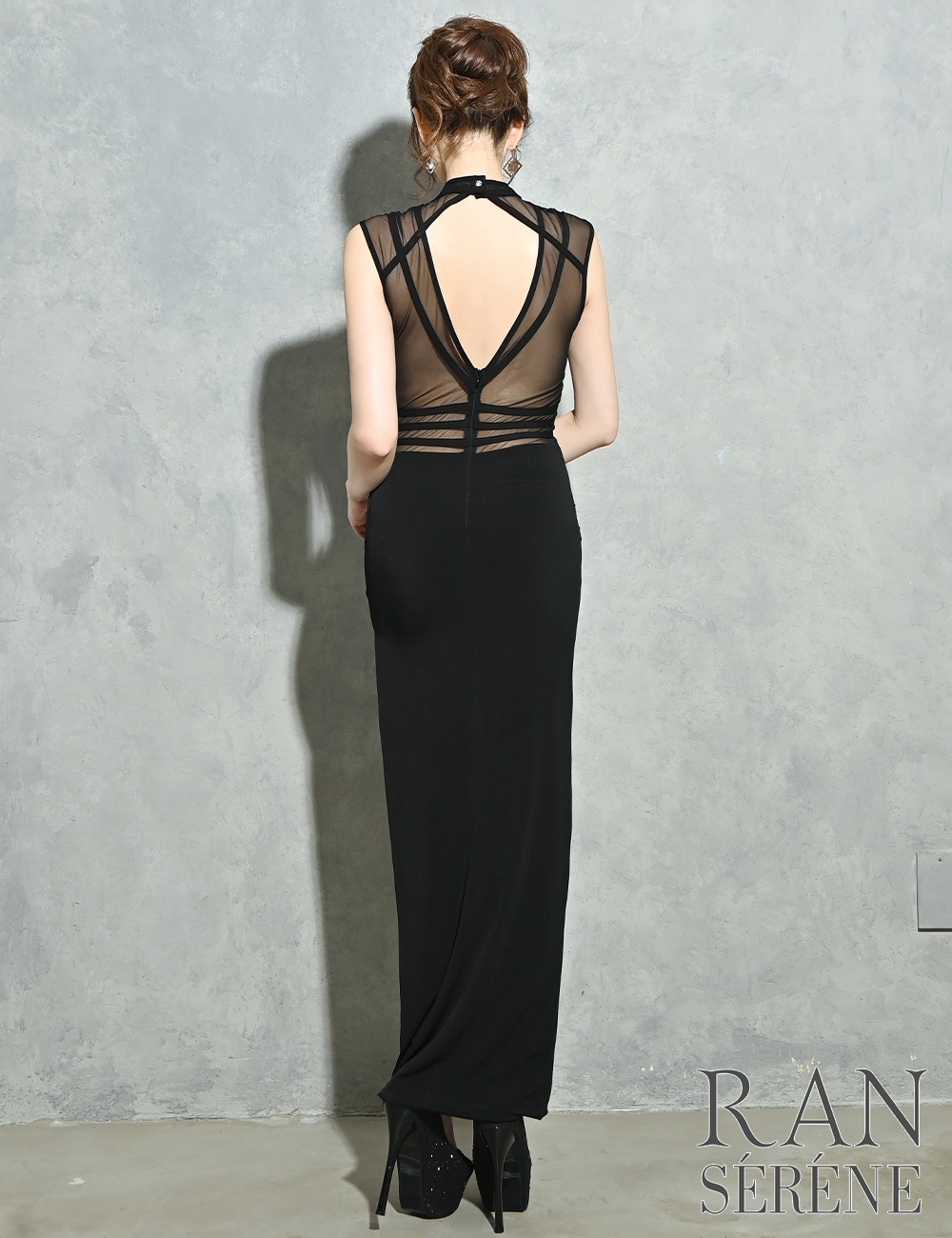 [即納][instock]【RAN SERENE】ロング/ドレス/ワンピース/ブラック/ハイネック/タイト/スリット/シアー