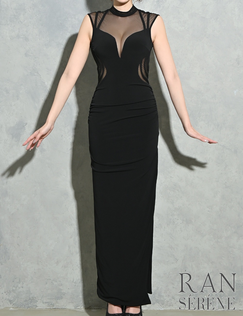 [即納][instock]【RAN SERENE】ロング/ドレス/ワンピース/ブラック/ハイネック/タイト/スリット/シアー