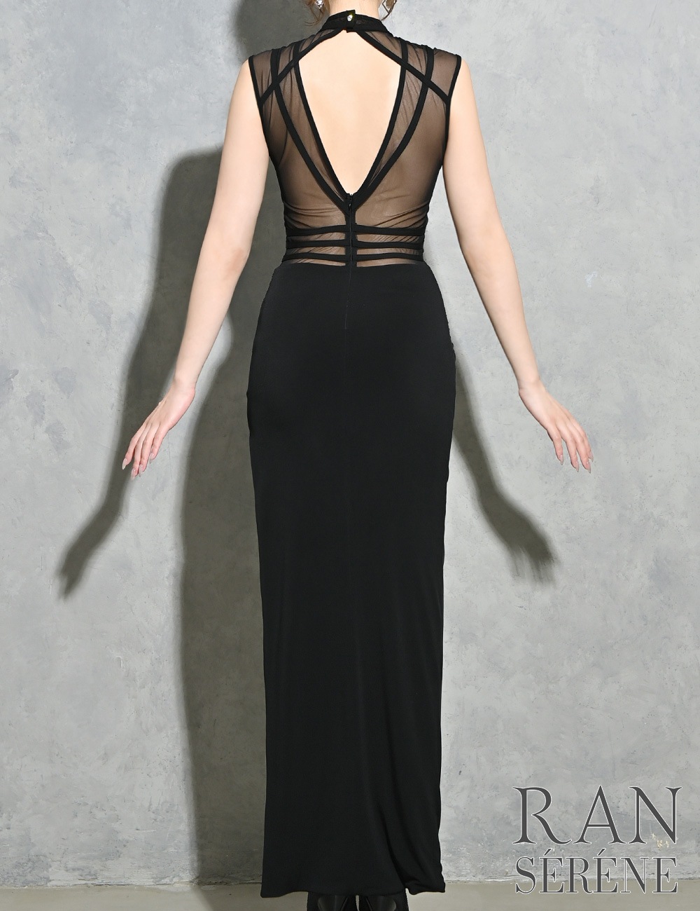[即納][instock]【RAN SERENE】ロング/ドレス/ワンピース/ブラック/ハイネック/タイト/スリット/シアー