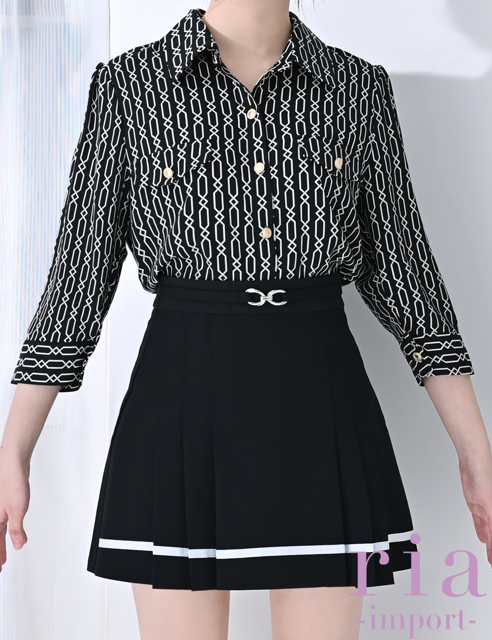 【ria】ミニ/ドレス/セットアップ/ブラック/シャツ/プリーツ/袖あり/長袖