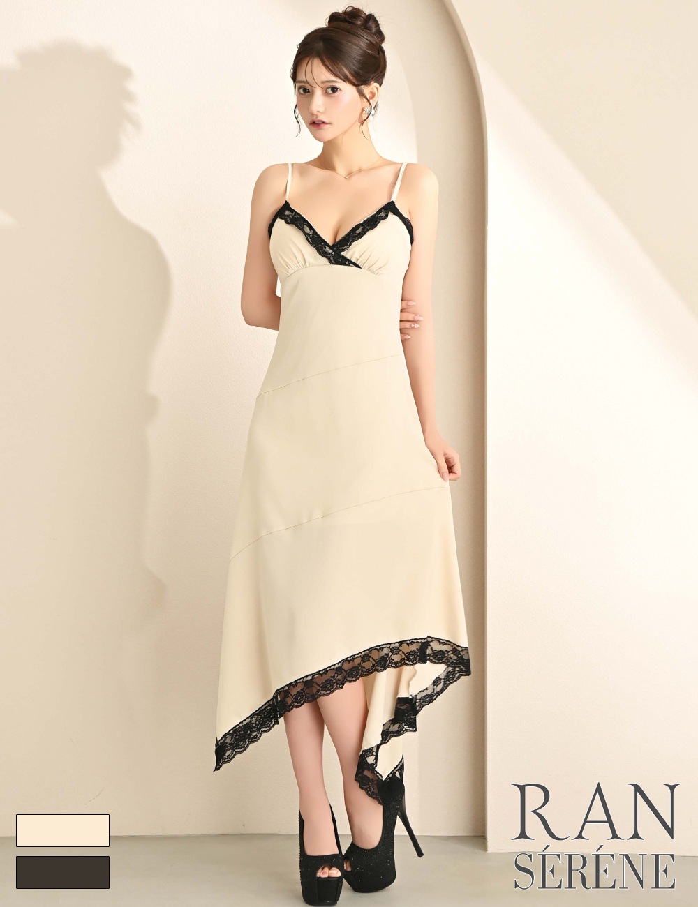 [即納][instock]【RAN SERENE】丈長/ドレス/ワンピース/ホワイト/キャミ/フレア/サテン/レース