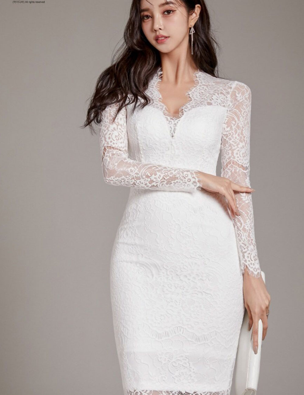 【AIDMAX】丈長/ドレス/ワンピース/ホワイト/レース/袖あり/長袖/S/M/韓国/ドレス通販