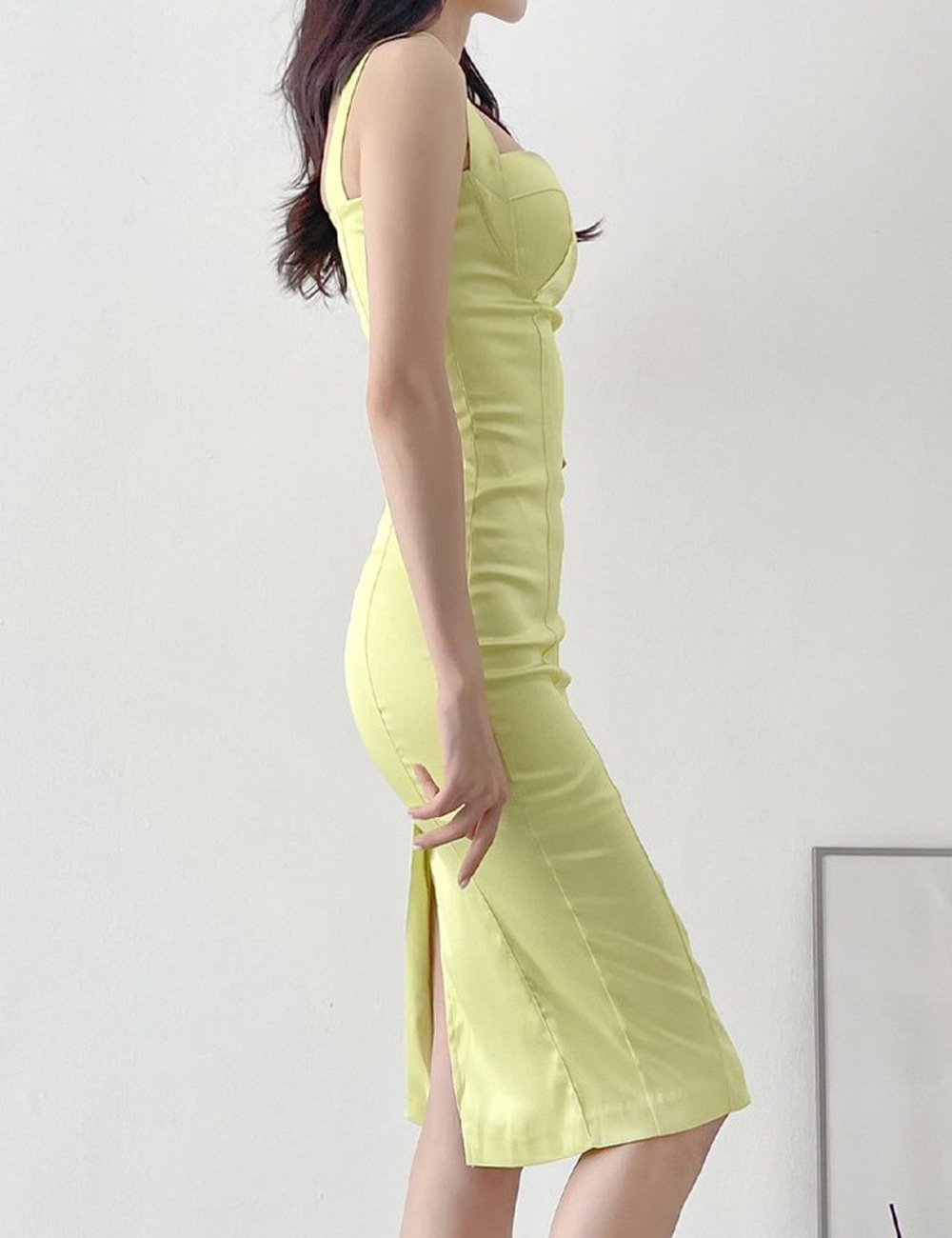 【AIDMAX】丈長/ドレス/ワンピース/タイト/サテン/キャミ/イエロー