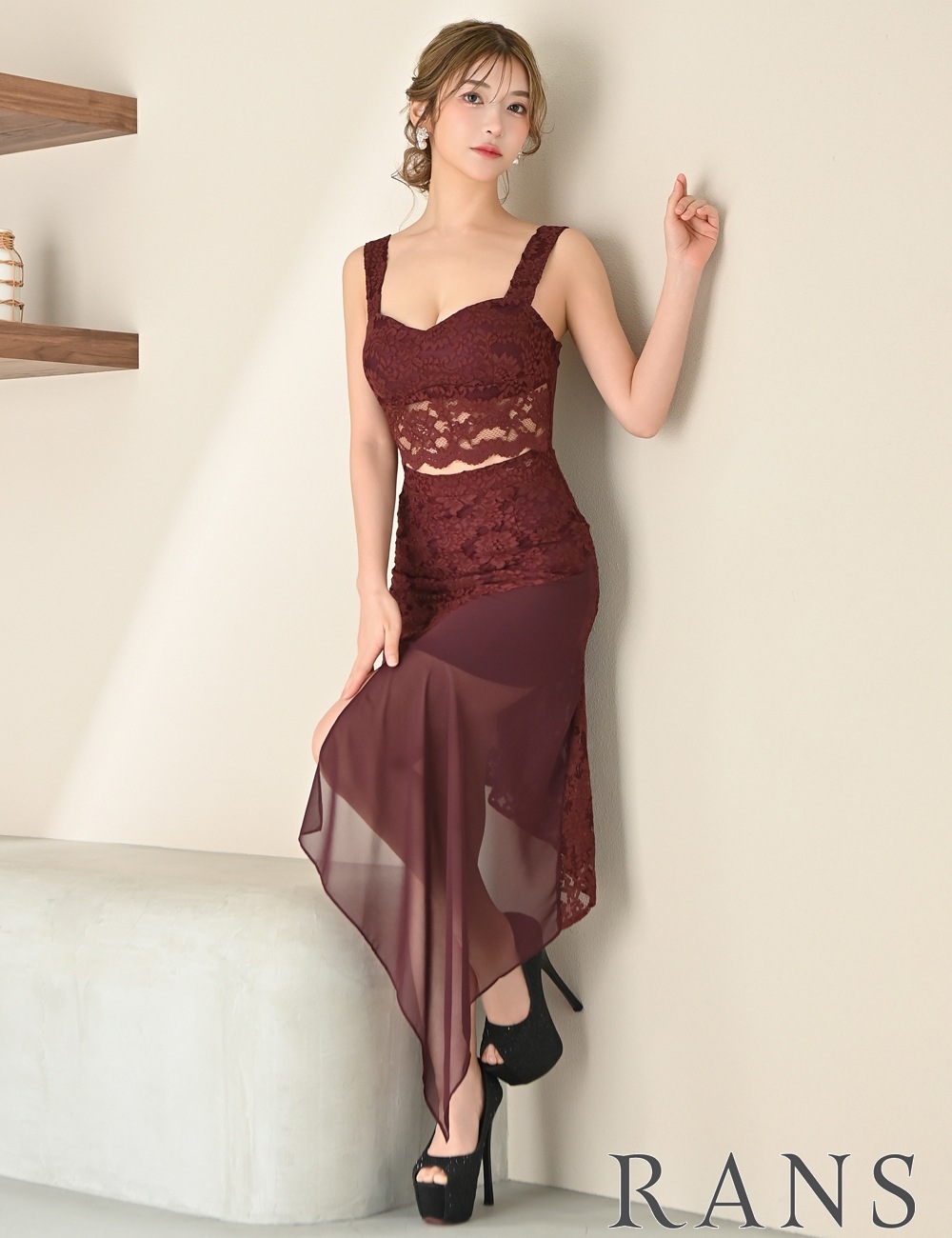 [即納][instock]【RANS】ミニ/ロング/ドレス/ワンピース/レッド/キャミ/タイト/アシンメトリー/カットアウト/レース