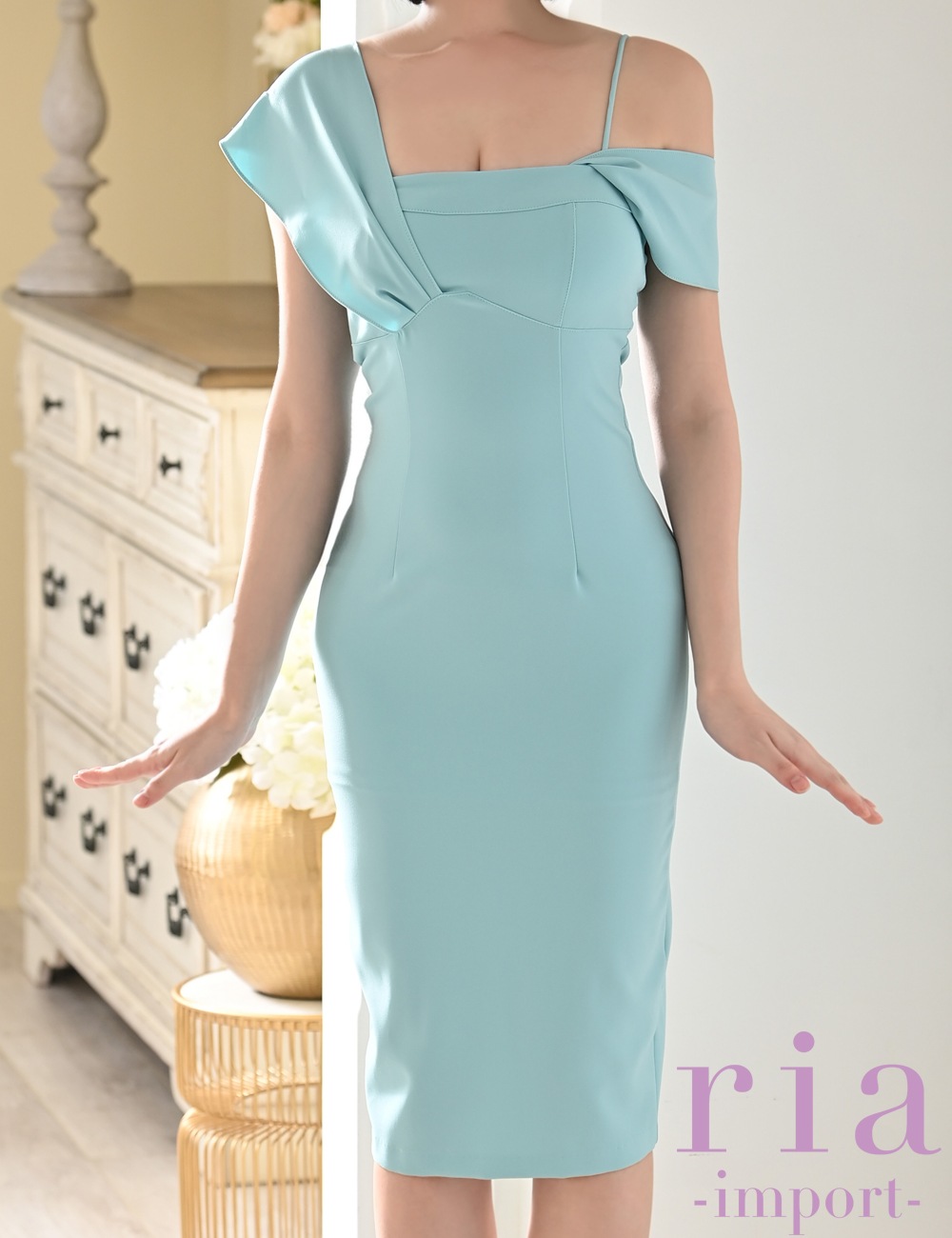 【ria】丈長/ドレス/ワンピース/ブルー/タイト/オフショル/アシンメトリー