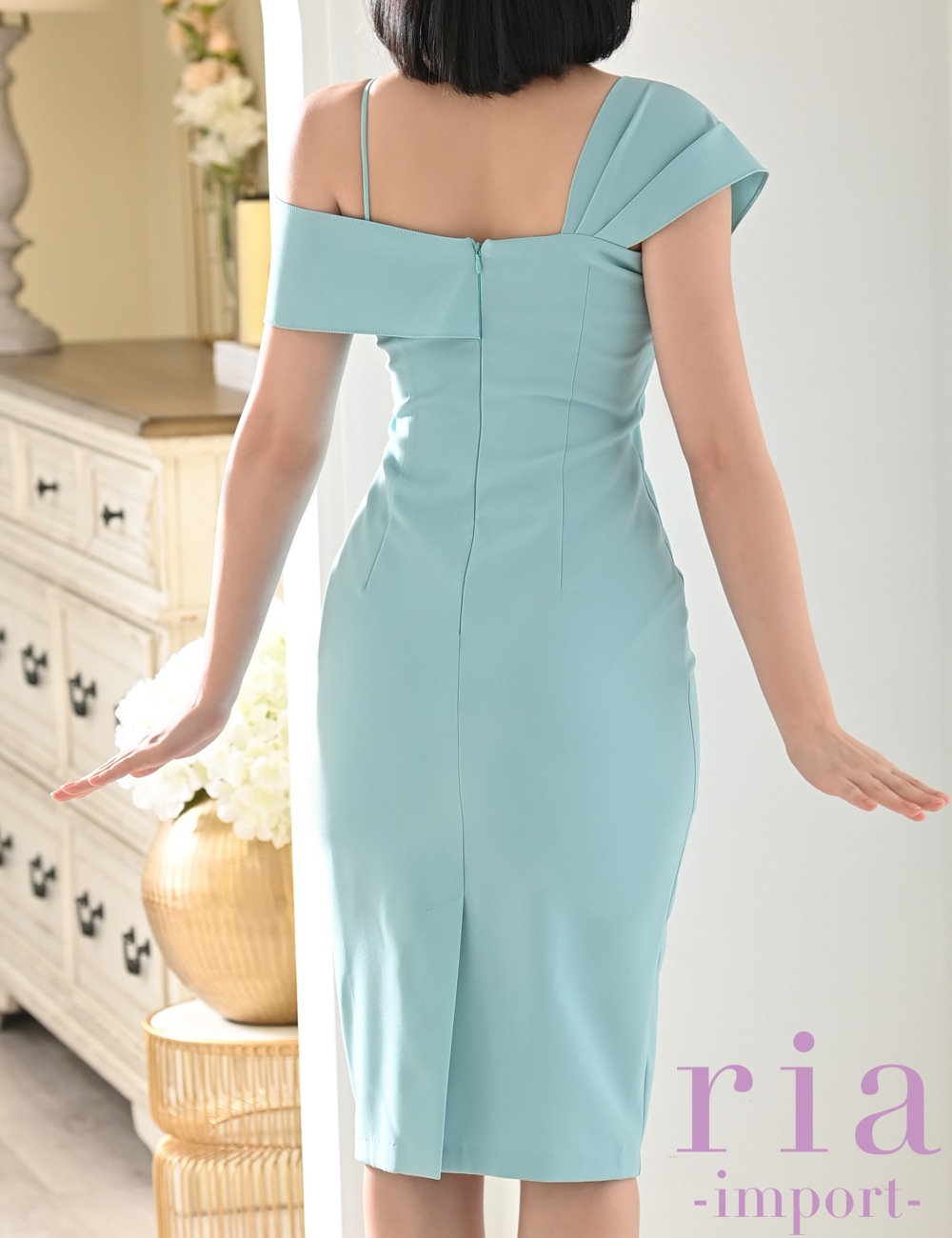 【ria】丈長/ドレス/ワンピース/ブルー/タイト/オフショル/アシンメトリー