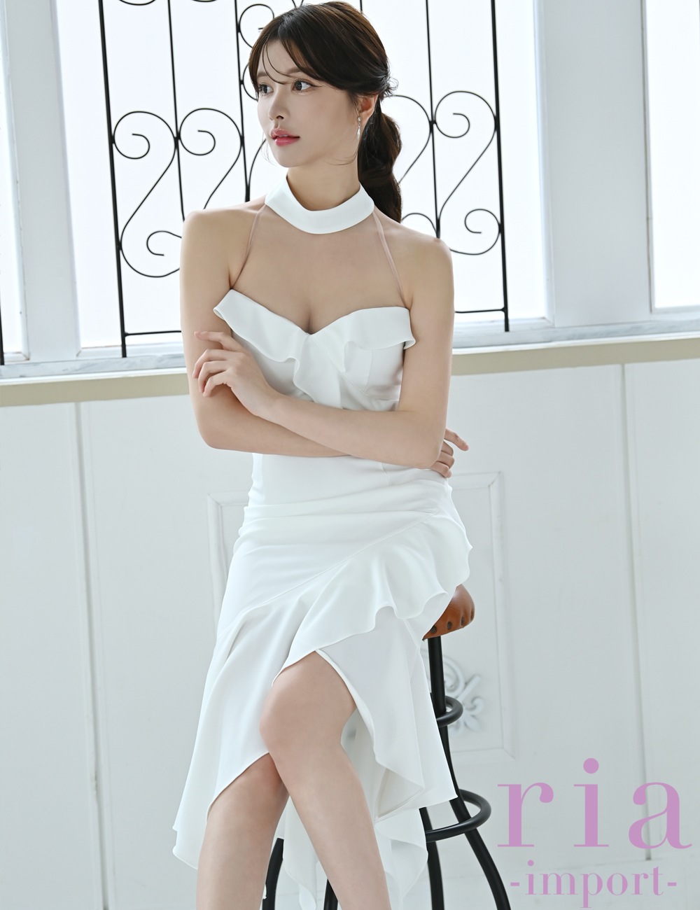 【ria】丈長/ドレス/ワンピース/ホワイト/アシメ/フレア/ホルターネック/マーメイド