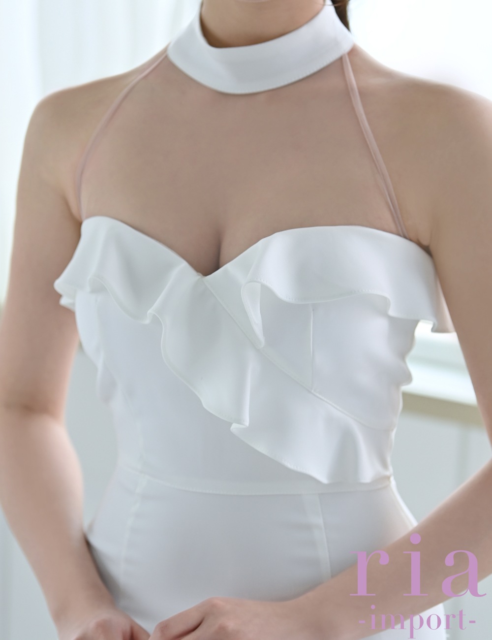 【ria】丈長/ドレス/ワンピース/ホワイト/アシメ/フレア/ホルターネック/マーメイド