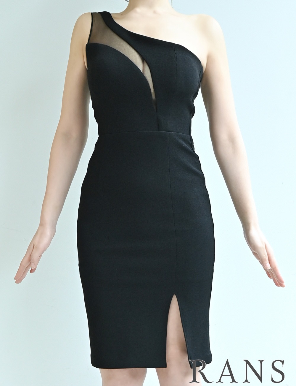 [予約商品]【RANS】ミニ/丈長/ドレス/ワンピース/ブラック/ワンショル/タイト/シアー/スリット