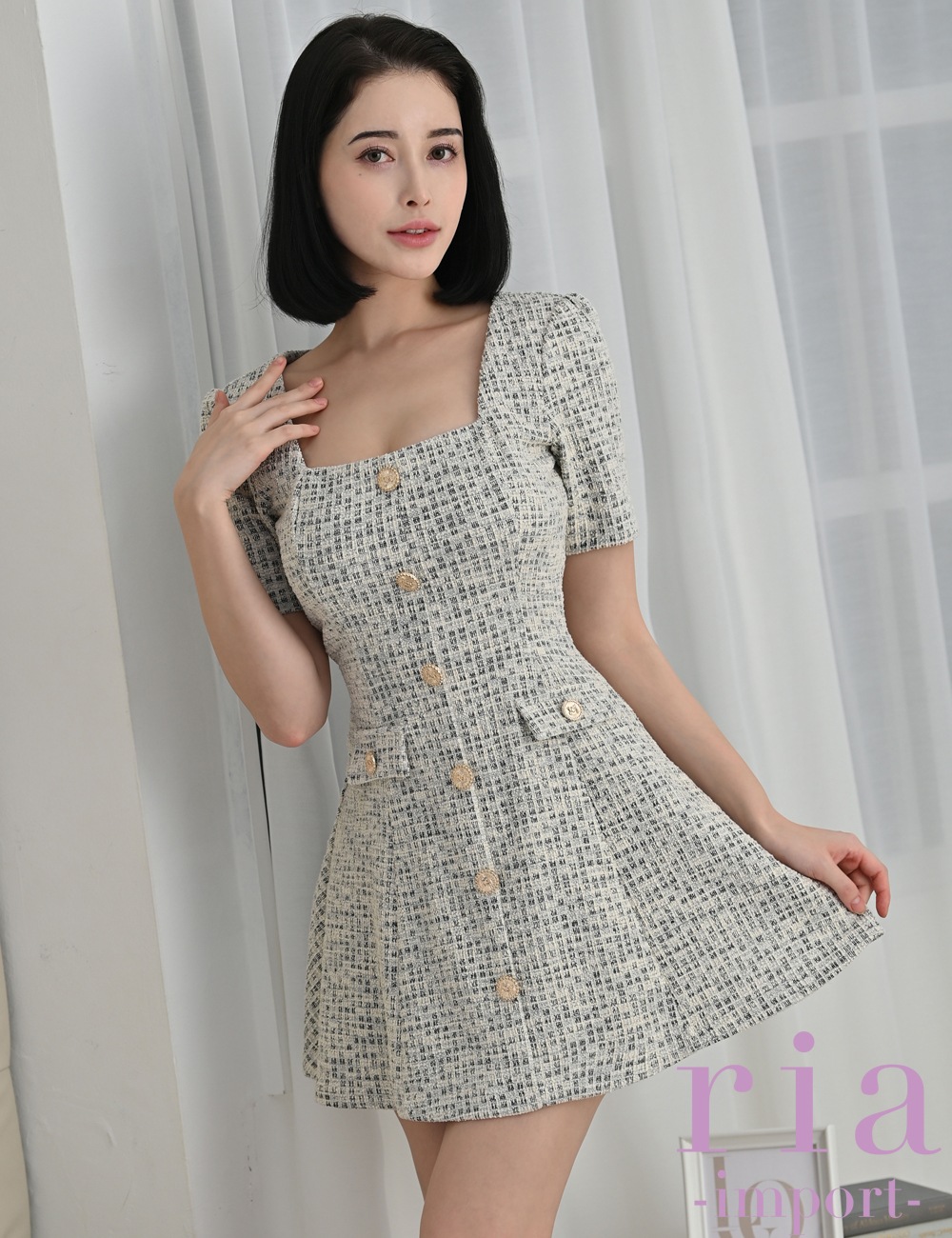 【ria】ミニ/ドレス/ワンピース/グレー/袖あり/ツイード/フレア/パワショル/スクエア