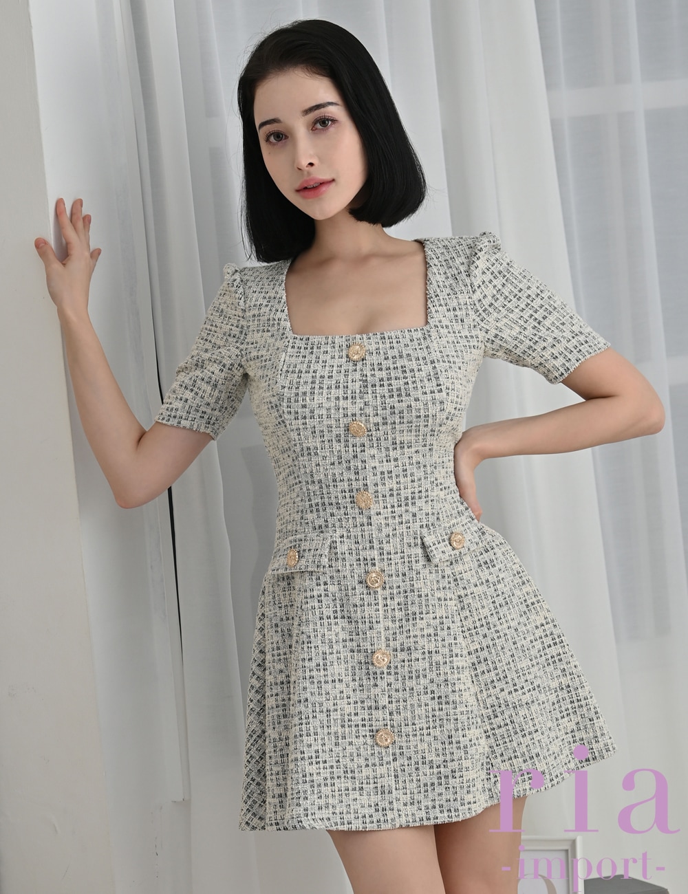 【ria】ミニ/ドレス/ワンピース/グレー/袖あり/ツイード/フレア/パワショル/スクエア