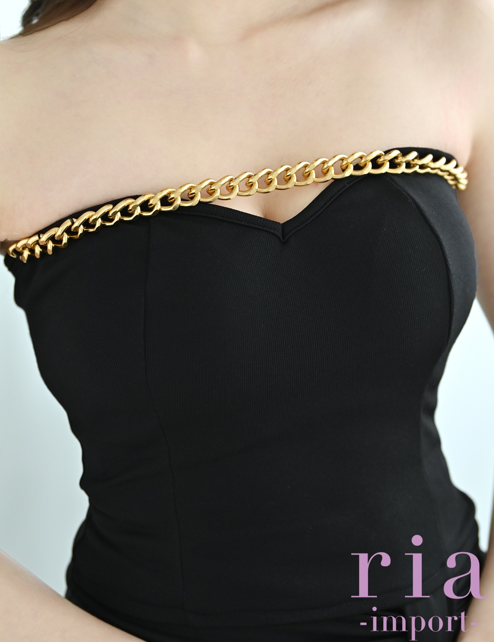 【ria】丈長/ミニ/ドレス/ベア/セットアップ/ブラック/ゴールドチェーン/ラップデザイン