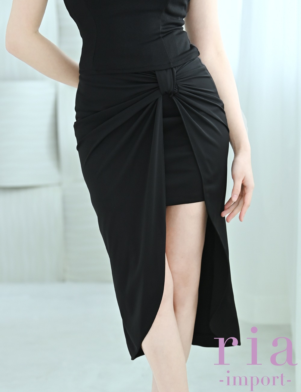 【ria】丈長/ミニ/ドレス/ベア/セットアップ/ブラック/ゴールドチェーン/ラップデザイン