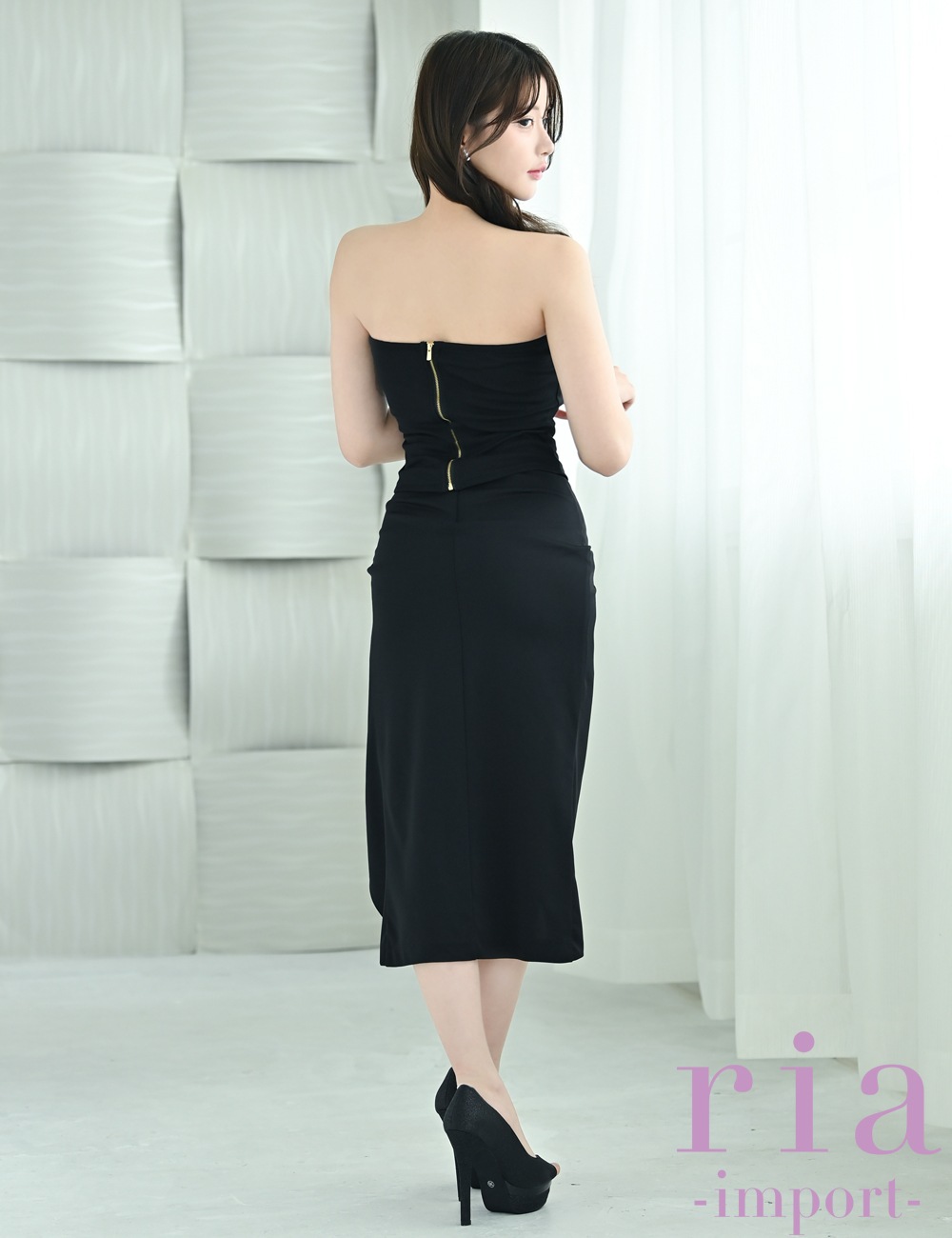 【ria】丈長/ミニ/ドレス/ベア/セットアップ/ブラック/ゴールドチェーン/ラップデザイン