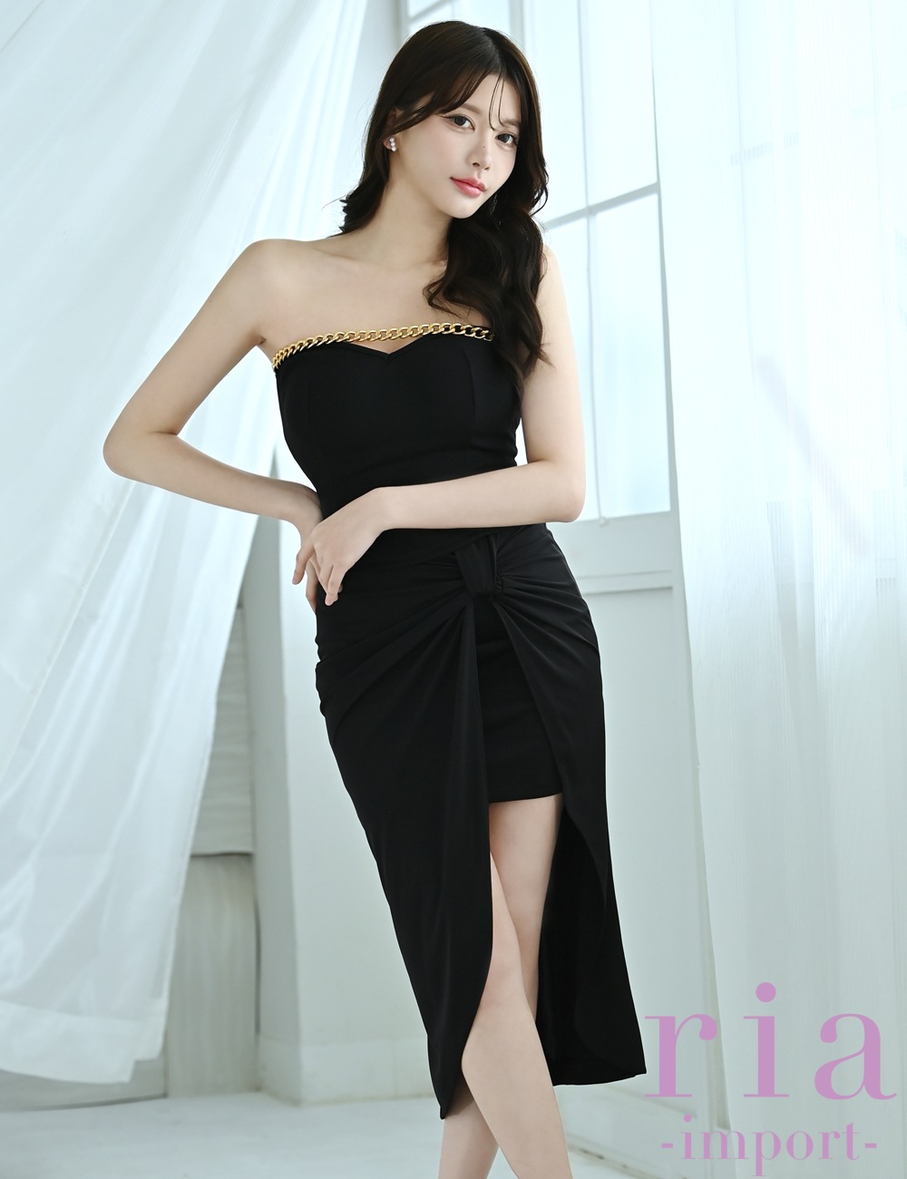 【ria】丈長/ミニ/ドレス/ベア/セットアップ/ブラック/ゴールドチェーン/ラップデザイン