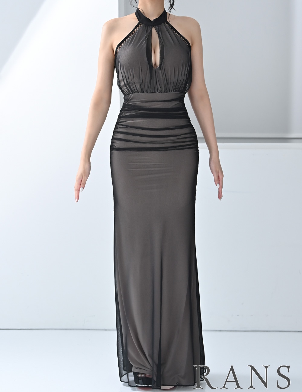 RANS ホルターネック花柄ロングマキシドレス Sのみ即納][instock]【RANS】ロング/ドレス/ブラック