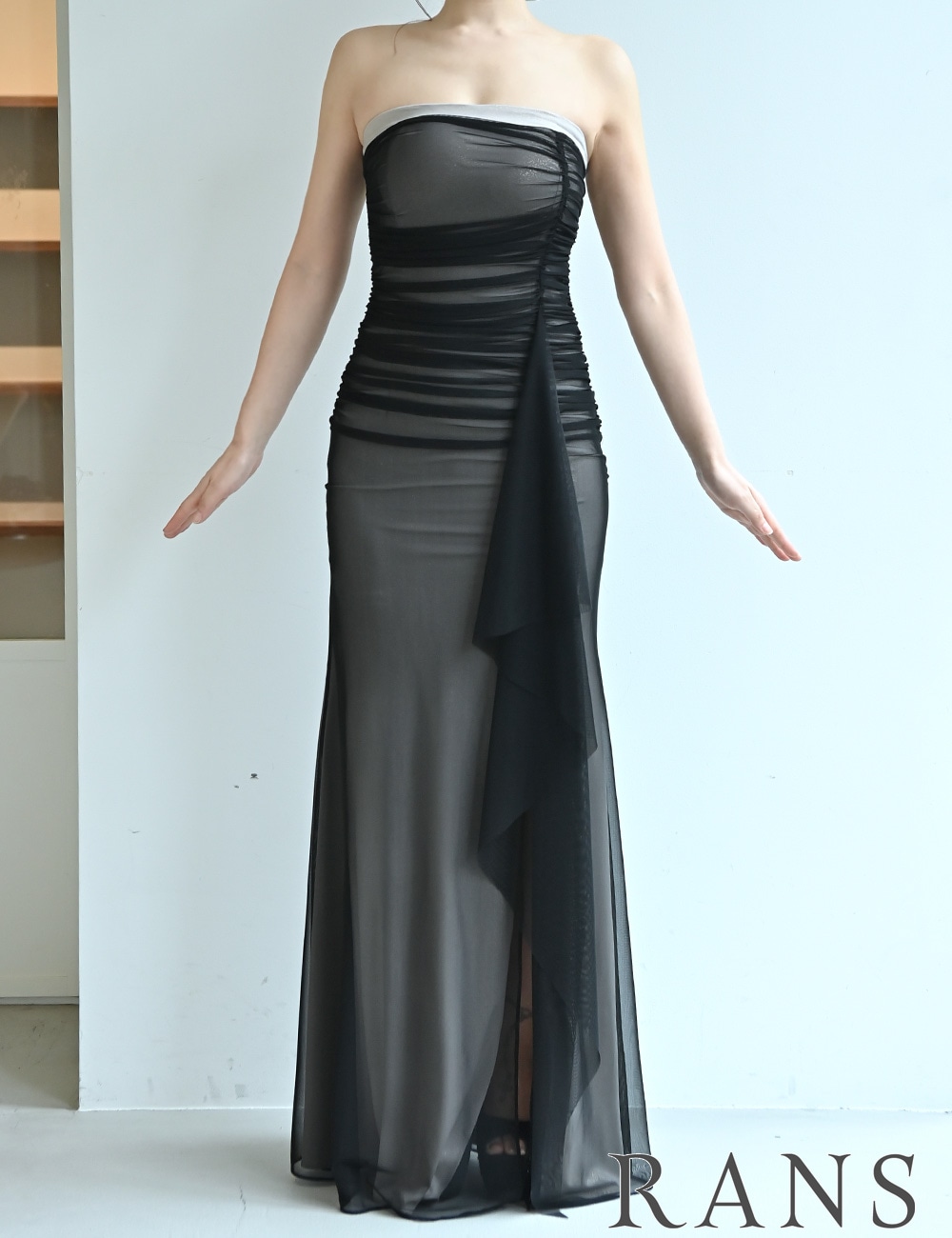 [Mのみ即納][instock]【RANS】ロング/ドレス/ワンピース/ブラック/ベア/タイト/ドレープ/スリット