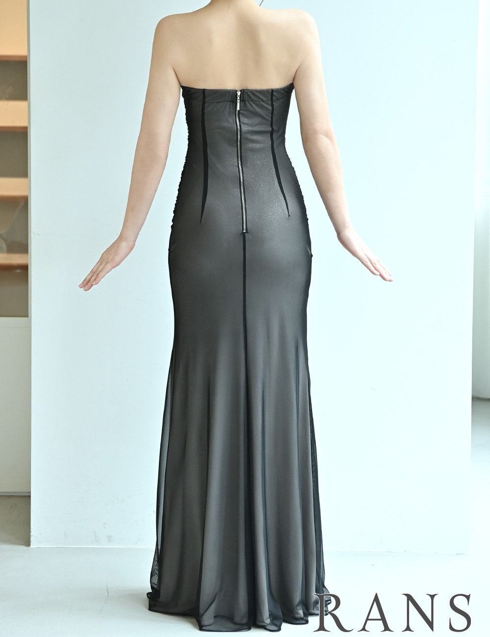 [Mのみ即納][instock]【RANS】ロング/ドレス/ワンピース/ブラック/ベア/タイト/ドレープ/スリット