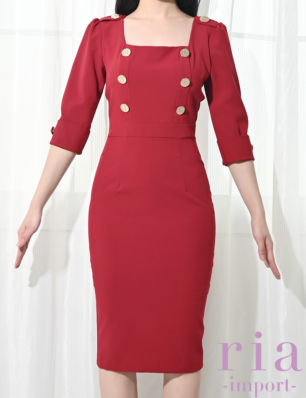 【ria】丈長/ドレス/ワンピース/レッド/七分袖/長袖/タイト