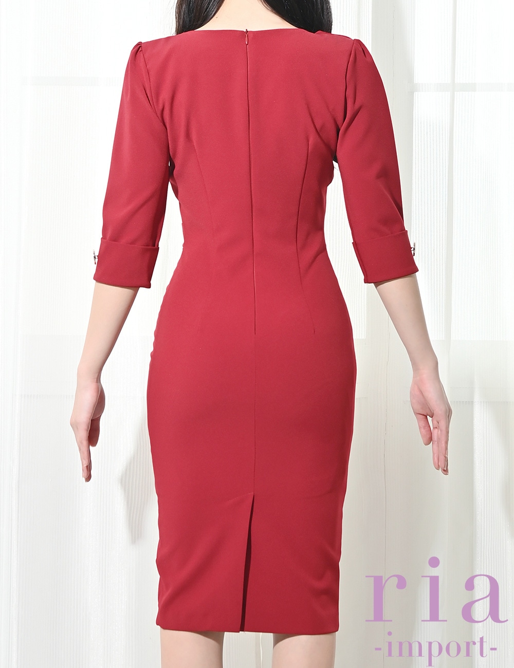 【ria】丈長/ドレス/ワンピース/レッド/七分袖/長袖/タイト