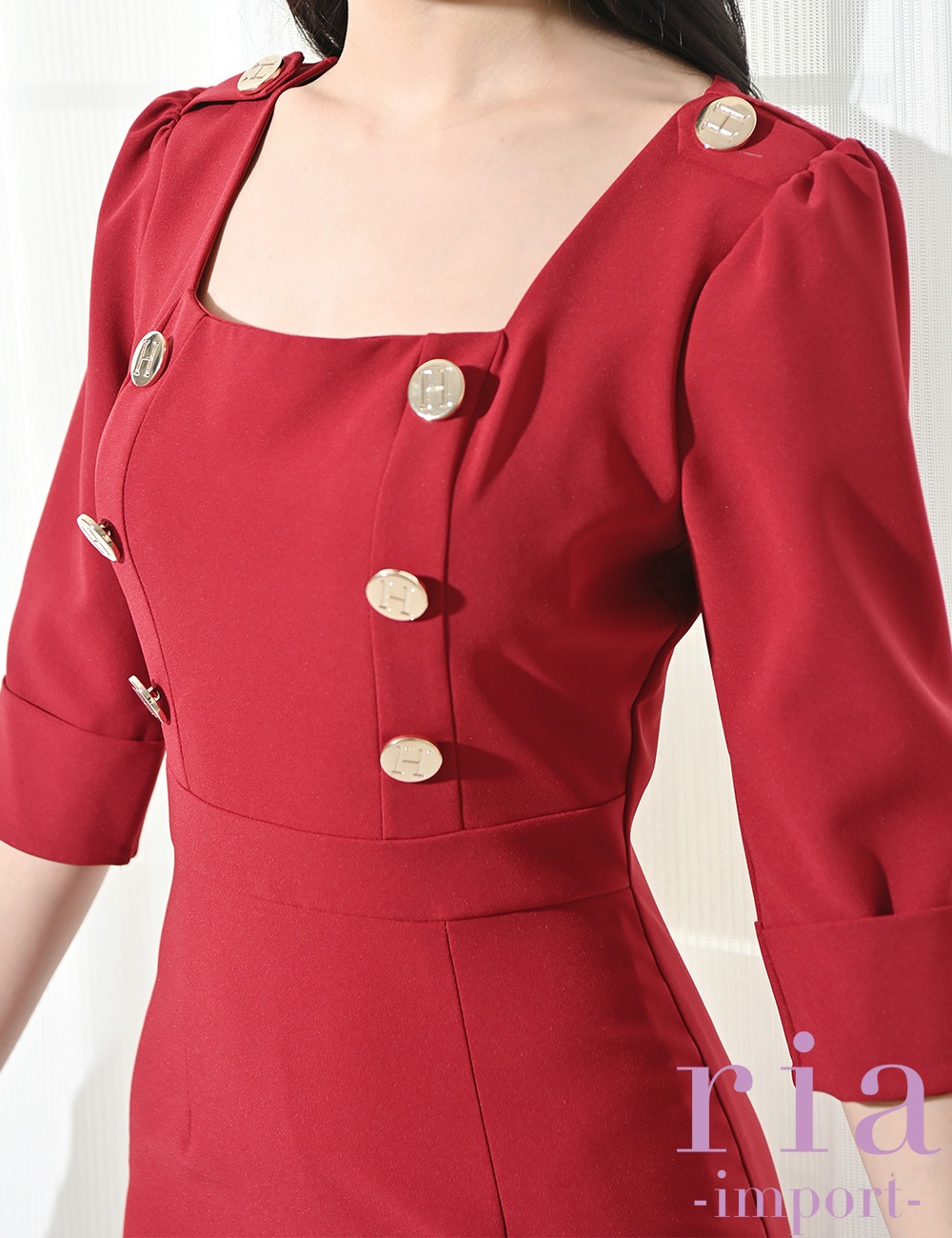 【ria】丈長/ドレス/ワンピース/レッド/七分袖/長袖/タイト