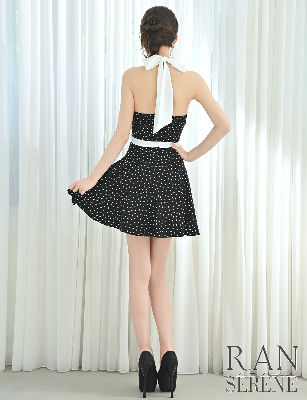 [即納][instock]【RAN SERENE】ミニ/ドレス/ワンピース/ブラック/ホルターネック/フレア/柄/ドット/リボン/ファスナー