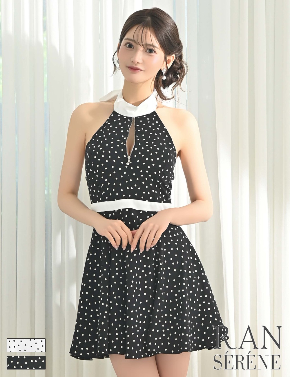 [即納][instock]【RAN SERENE】ミニ/ドレス/ワンピース/ブラック/ホルターネック/フレア/柄/ドット/リボン/ファスナー