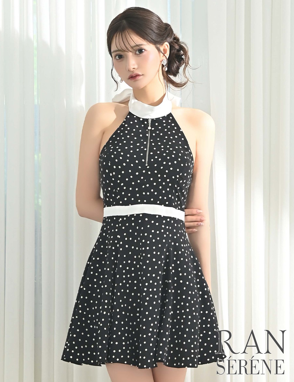 [即納][instock]【RAN SERENE】ミニ/ドレス/ワンピース/ブラック/ホルターネック/フレア/柄/ドット/リボン/ファスナー