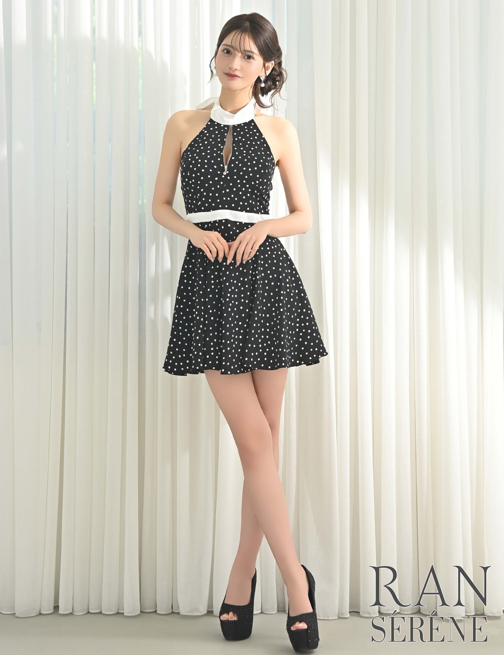 [即納][instock]【RAN SERENE】ミニ/ドレス/ワンピース/ブラック/ホルターネック/フレア/柄/ドット/リボン/ファスナー