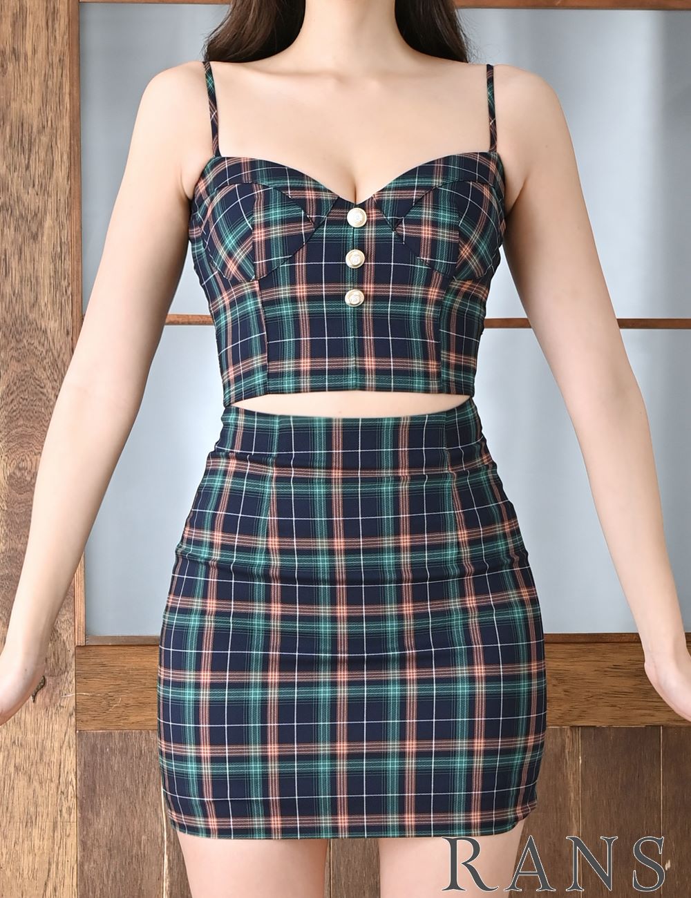 [即納][instock]【RANS】ミニ/ドレス/ネイビー/柄/チェック/セットアップ/タイト