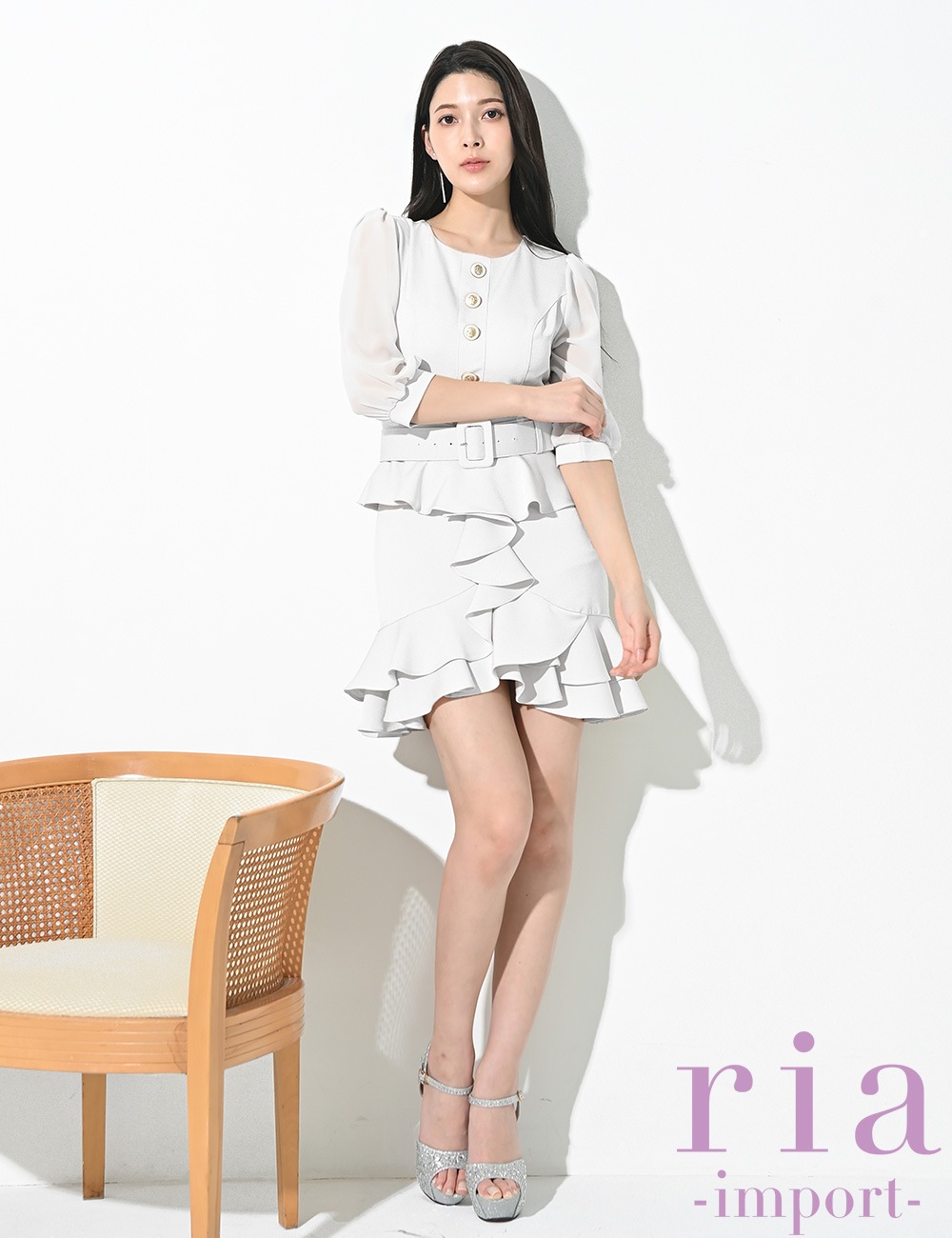【ria】ミニ/ドレス/ワンピース/ホワイト/ベルト付き/袖あり/ペプラム/七分袖