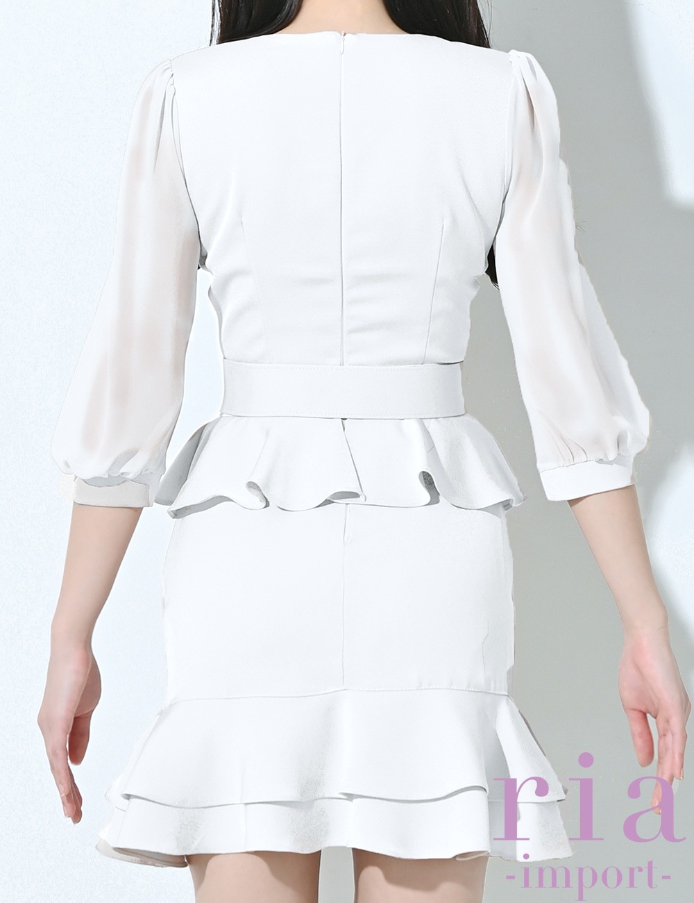 ria】ミニ/ドレス/ワンピース/ホワイト/ベルト付き/袖あり