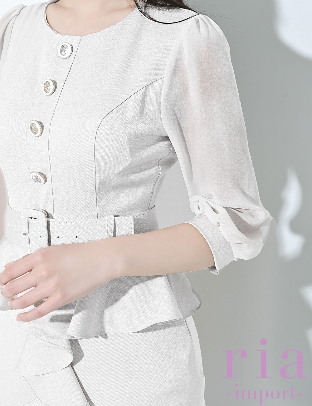 【ria】ミニ/ドレス/ワンピース/ホワイト/ベルト付き/袖あり/ペプラム/七分袖